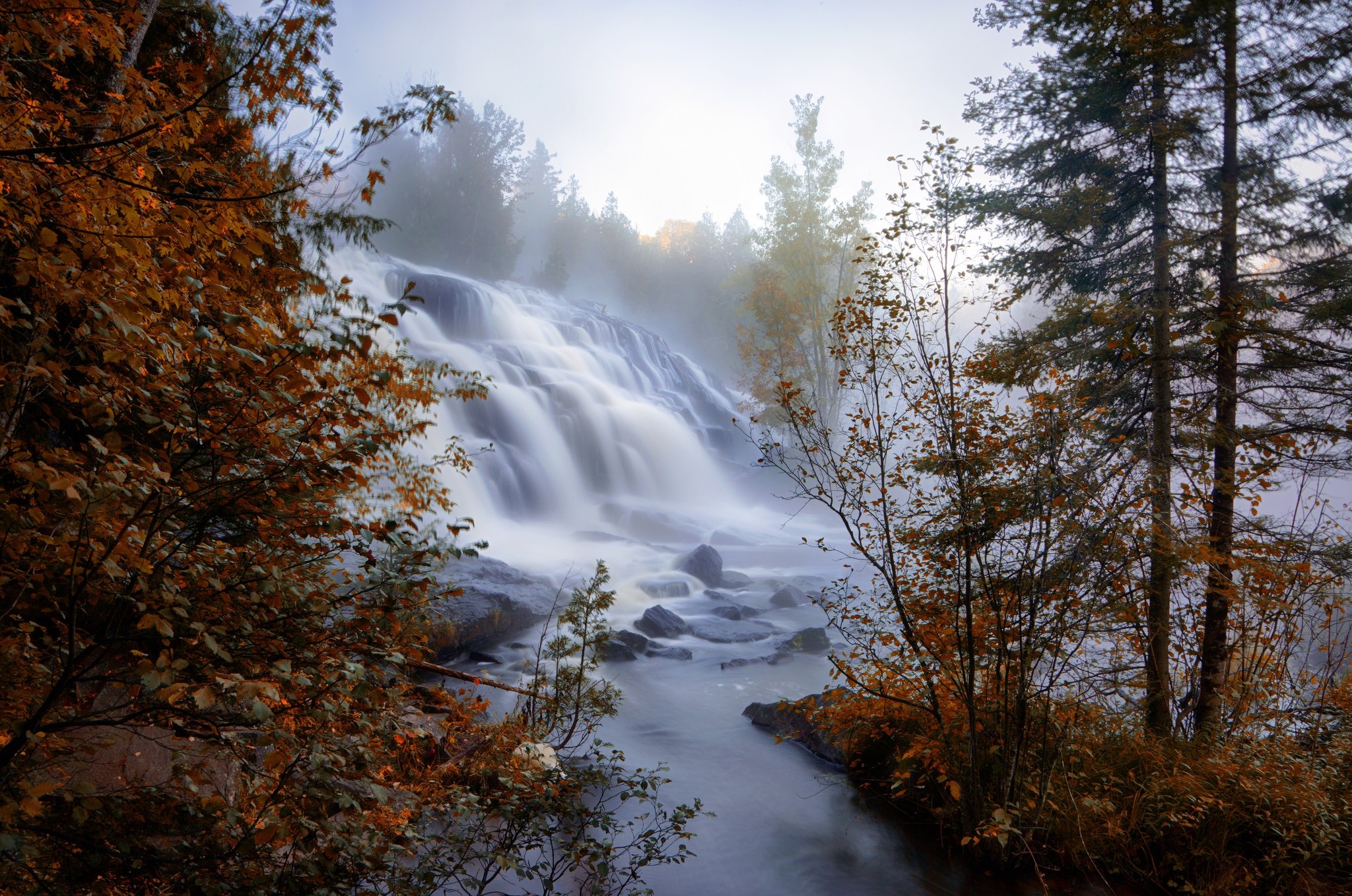 nature, fall, water, waterfall, trees, mist, HD Wallpaper