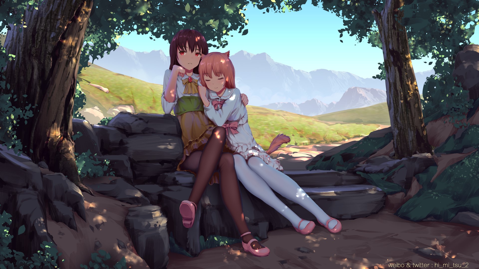 anime, anime girls, original characters, forest, mountains, sky, short hair, black pantyhose, pantyhose, red eyes, closed eyes, dress, animal ears, cat ears, animal tail, cat tail, sitting, smiling, yuri, HD Wallpaper