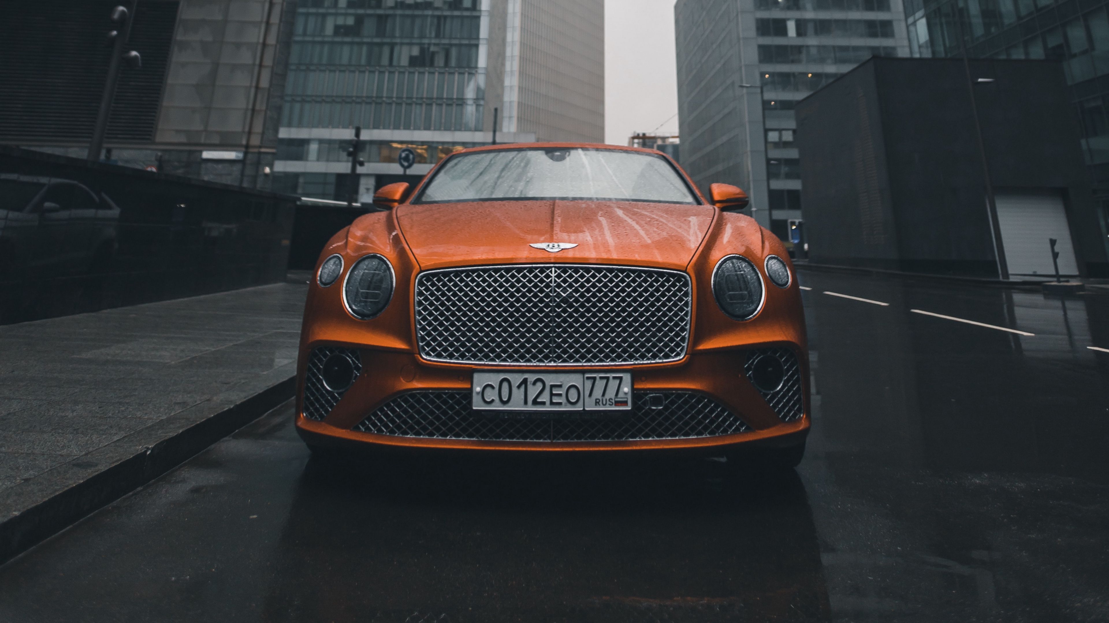 bentley continental gt, bentley, car, orange, front view, city, buildings, 4k, HD Wallpaper