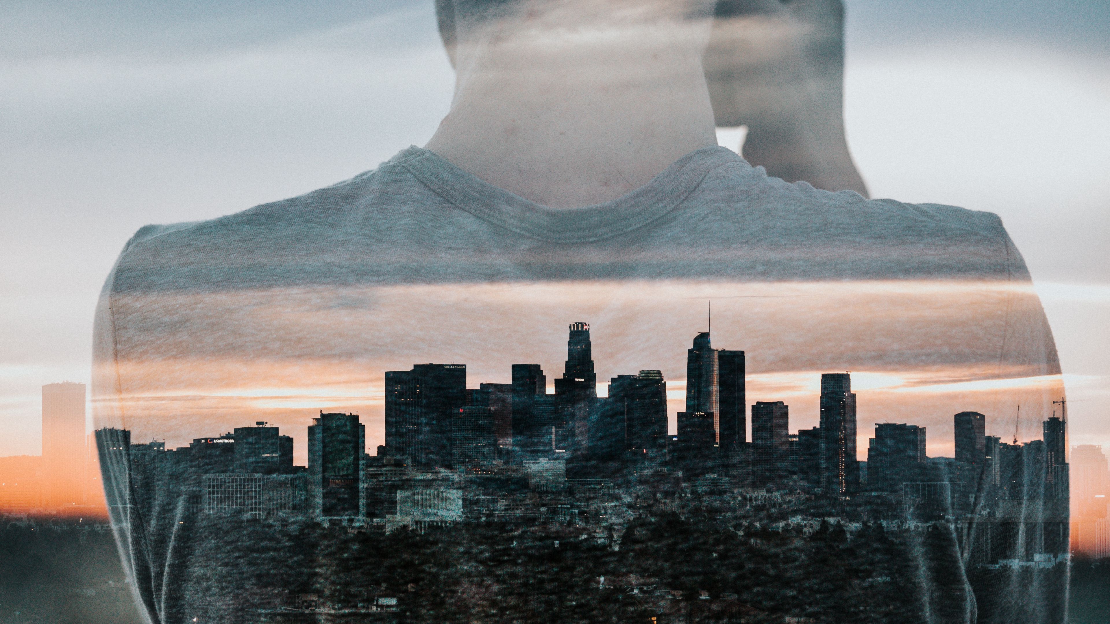 silhouette, city, double exposure, man, buildings, architecture, 4k, HD Wallpaper