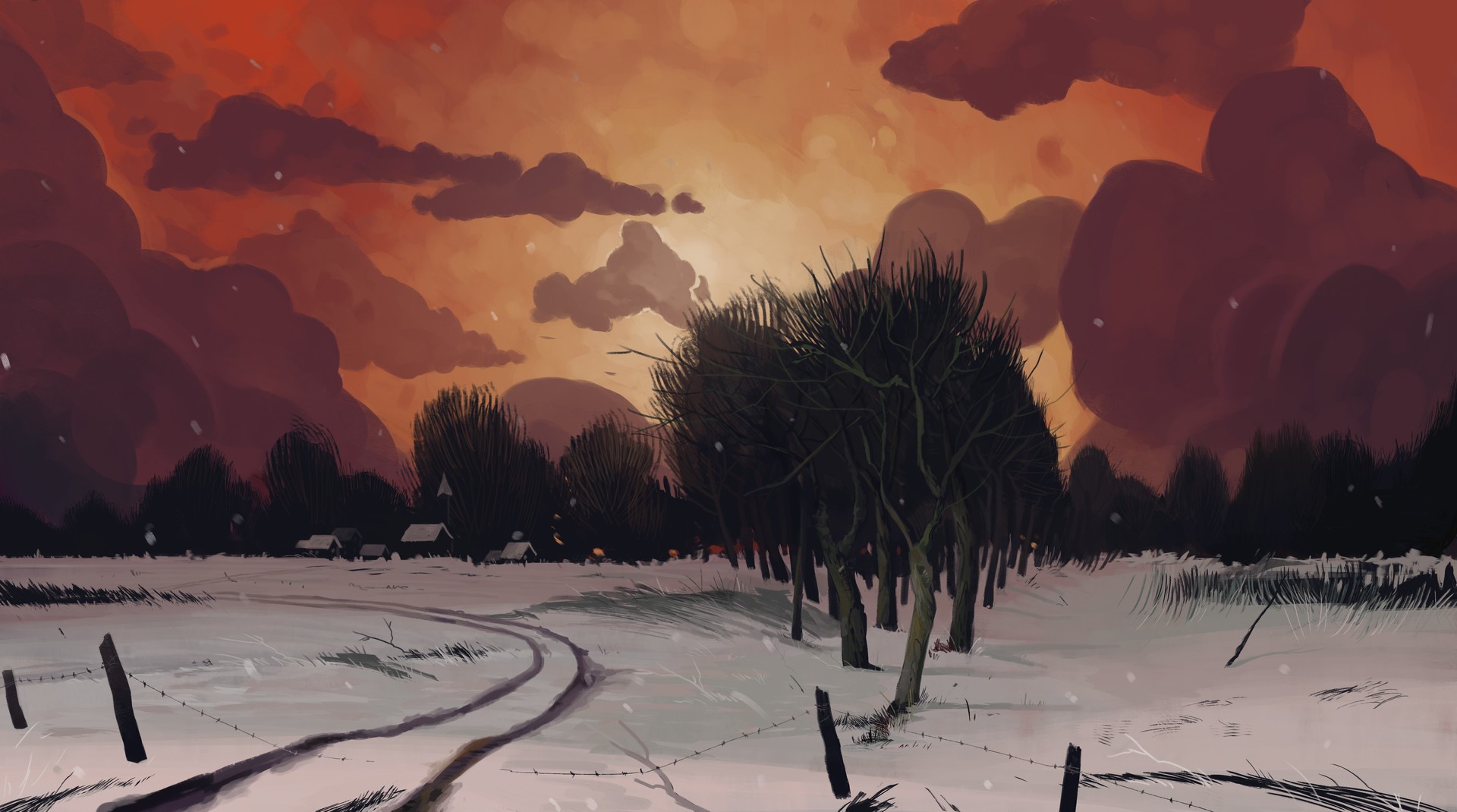 nature, landscape, winter, snow, trees, digital art, clouds, house, snowflakes, sunset, HD Wallpaper