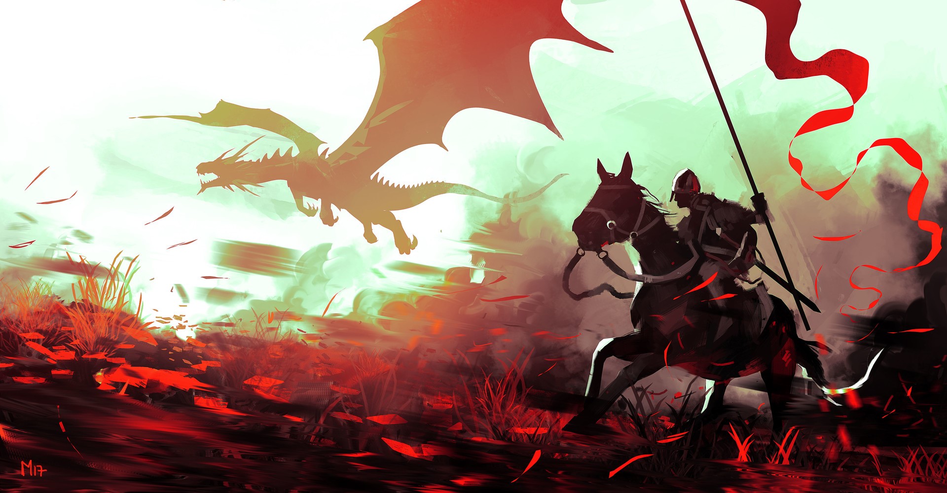 digital art, Dominik Mayer, dragon, banner, artwork, fantasy art, red, horse, creature, HD Wallpaper