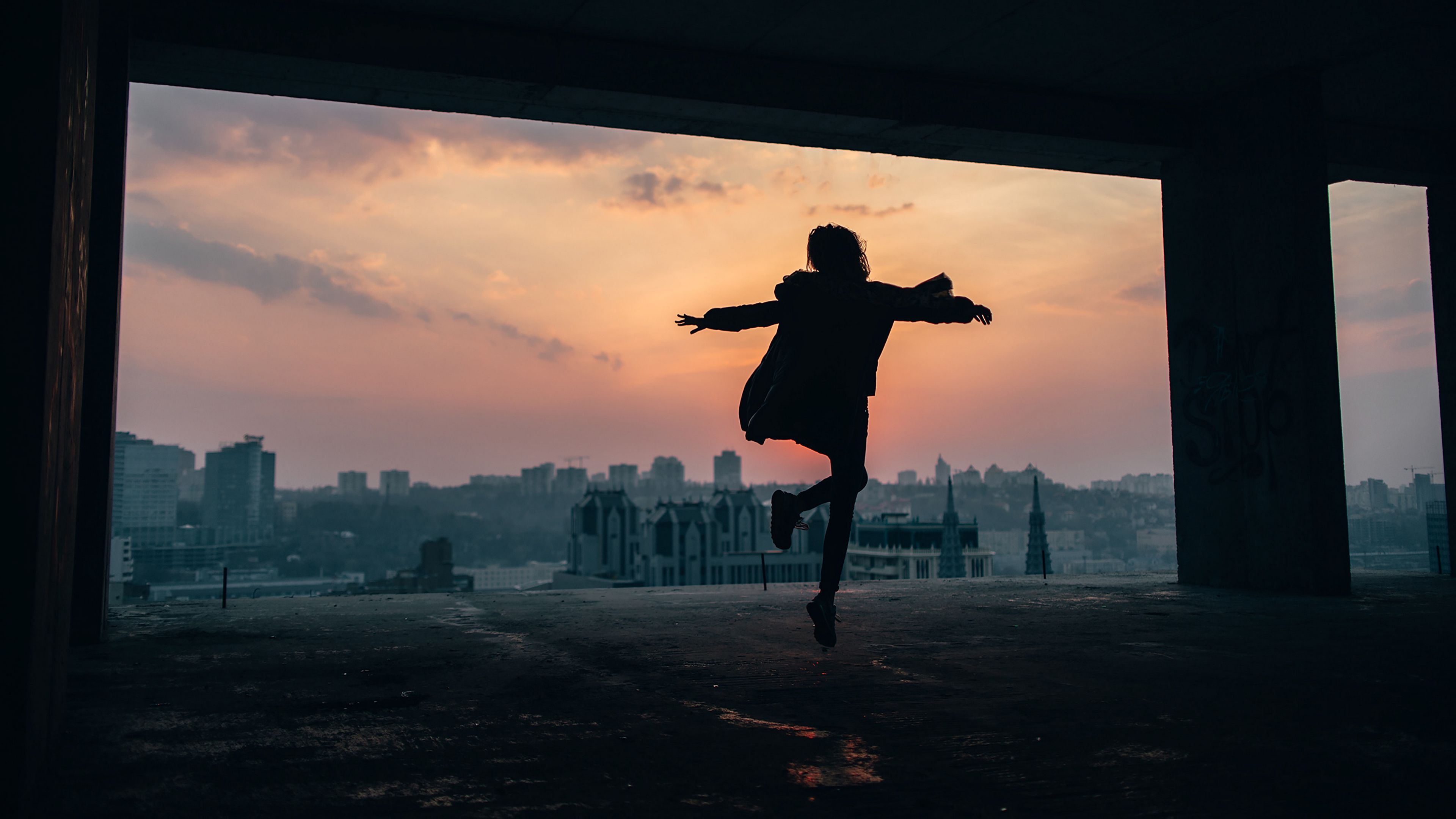 silhouette, dark, bounce, twilight, buildings, 4k, HD Wallpaper