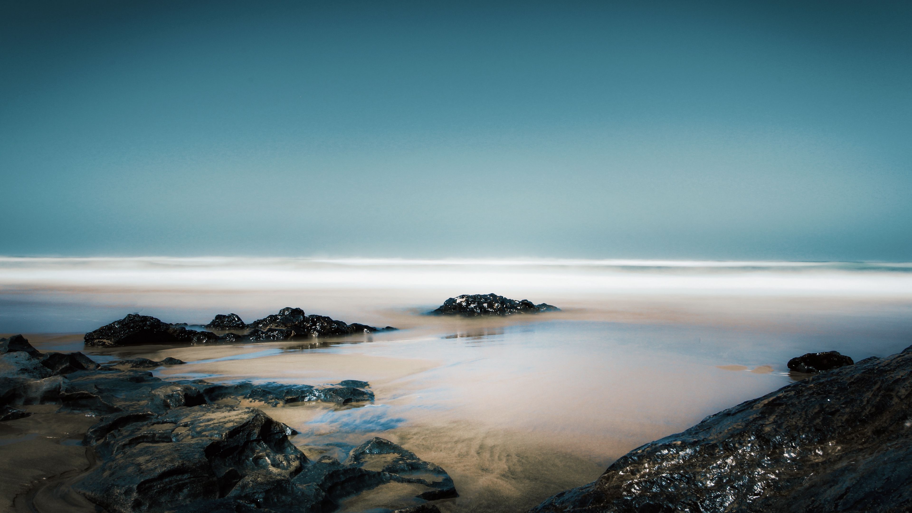 stones, water, fog, coast, horizon, 4k, HD Wallpaper