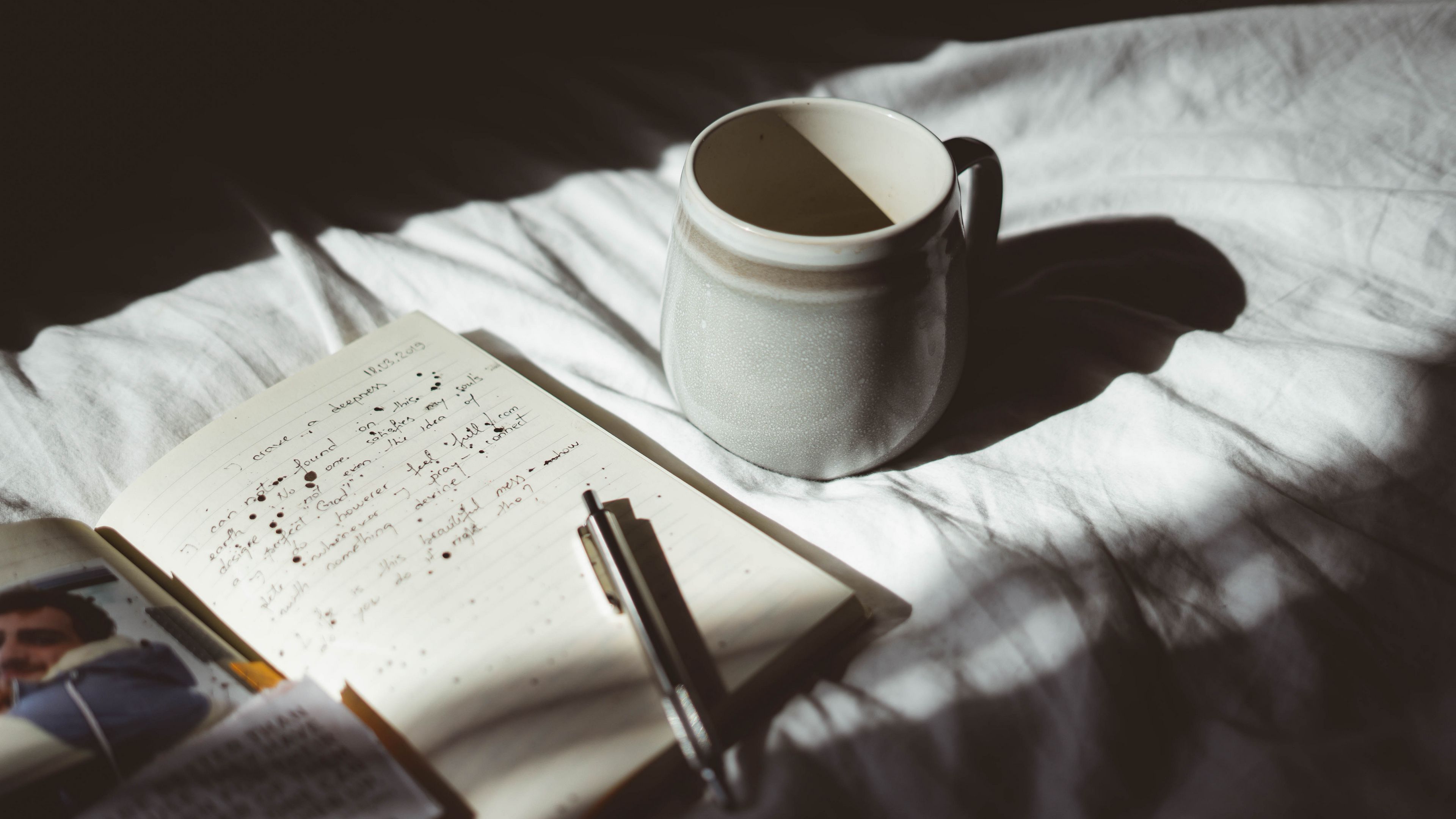 mug, pen, notebook, mood, shadows, 4k, HD Wallpaper