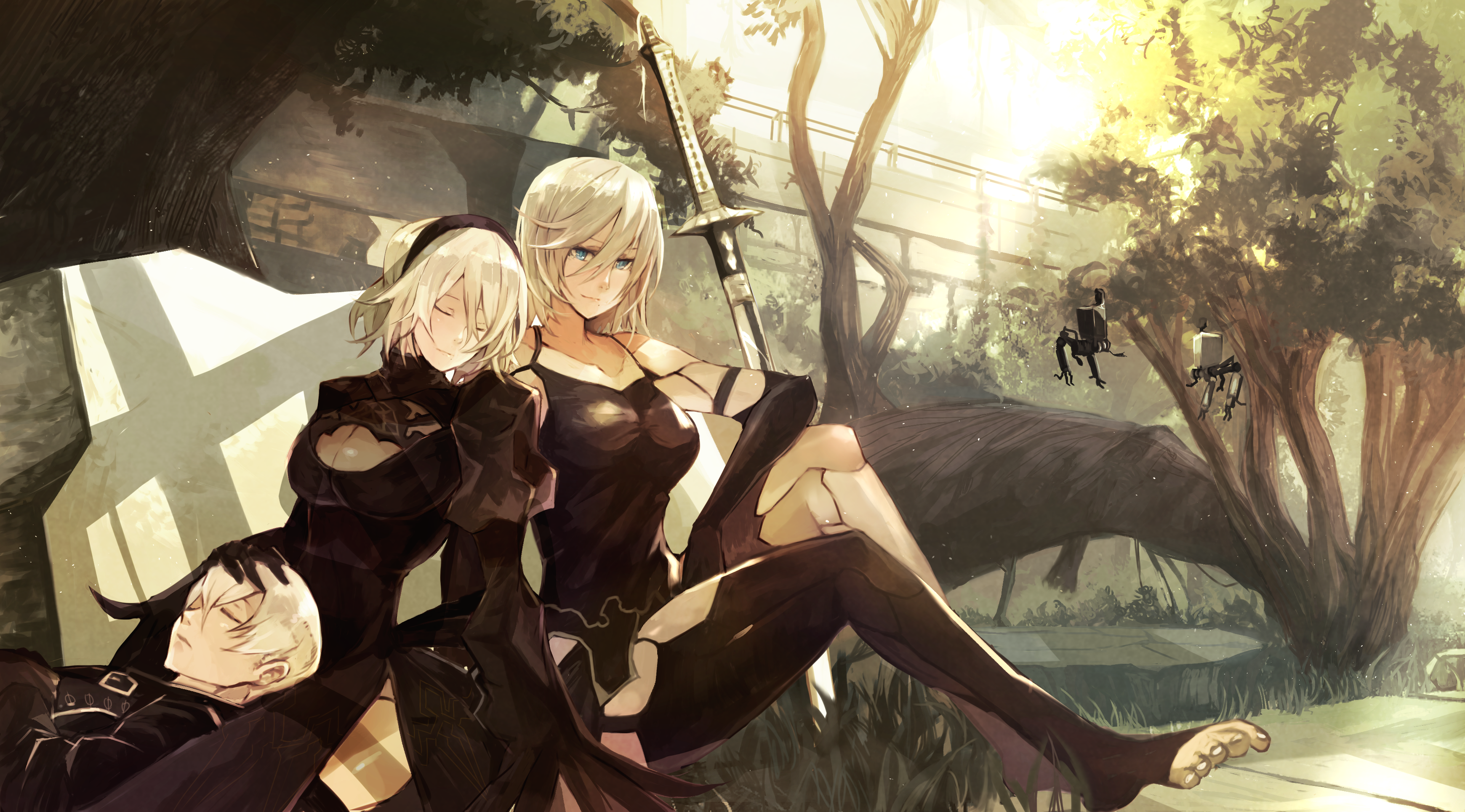 cleavage, black dress, NieR, Nier: Automata, 2B (Nier: Automata), panties, sword, thigh-highs, trees, HD Wallpaper