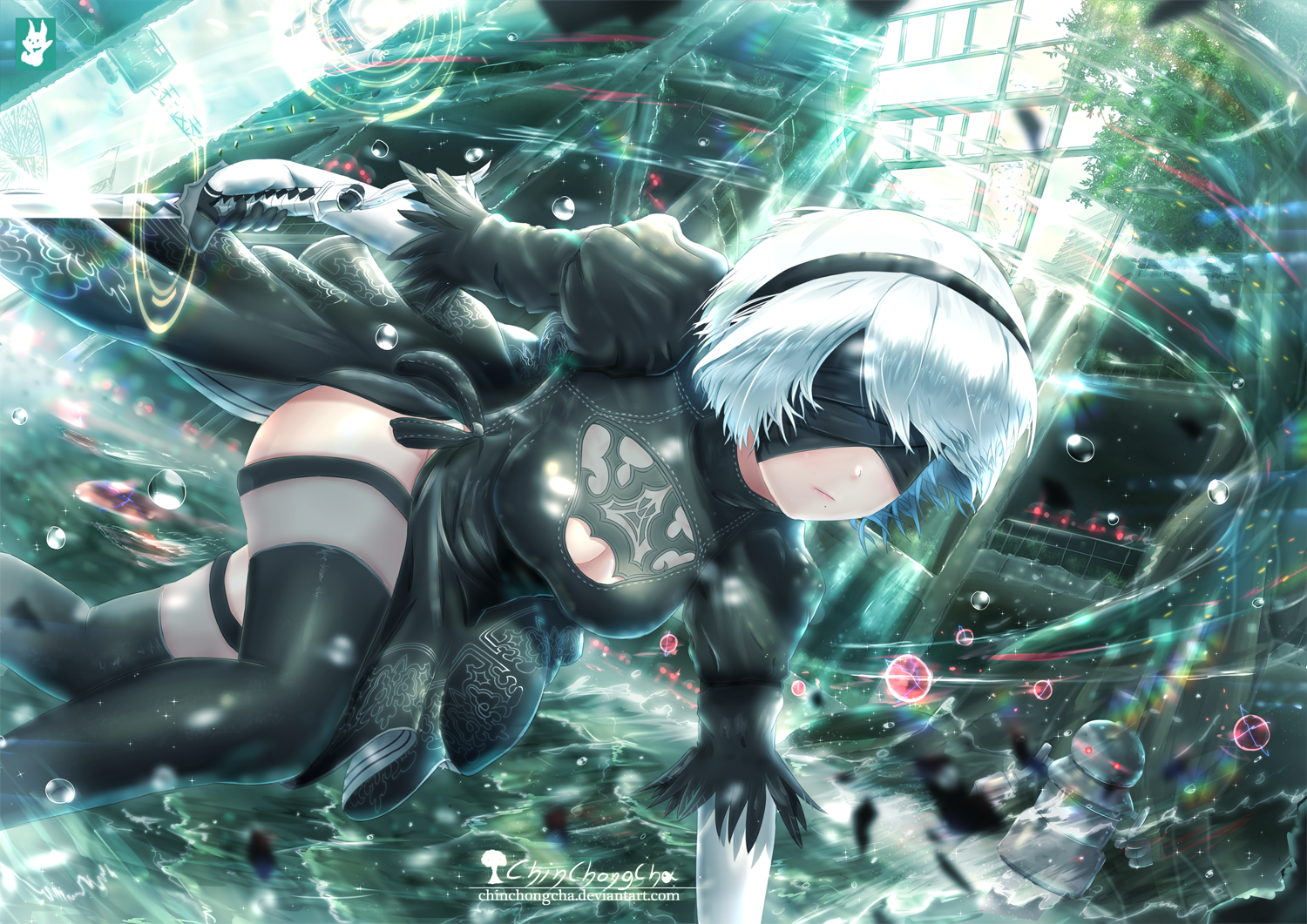 blindfold, cleavage, elbow gloves, gloves, headband, NieR, Nier: Automata, 2B (Nier: Automata), short hair, sword, thigh-highs, water, weapon, white hair, HD Wallpaper