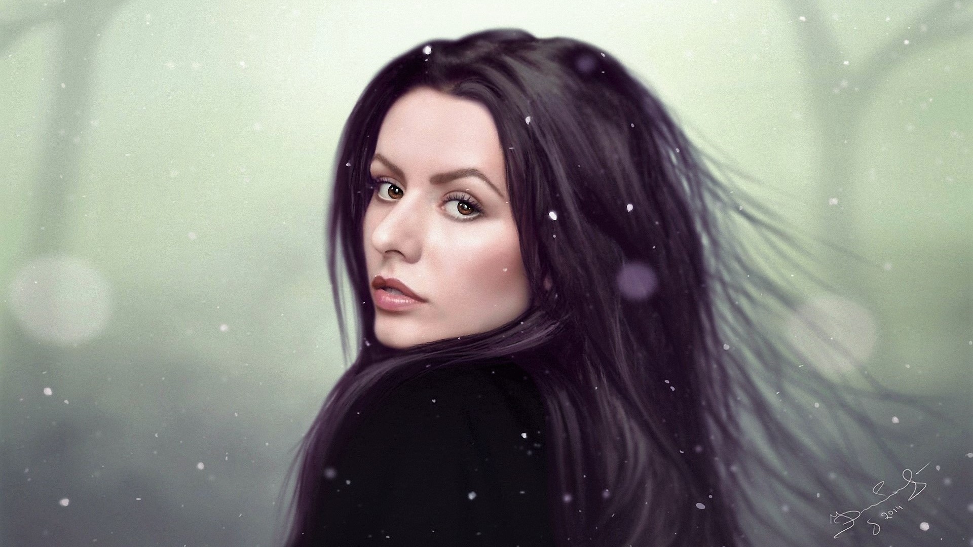 digital art, women, long hair, drawing, face, brown eyes, snow, winter, HD Wallpaper