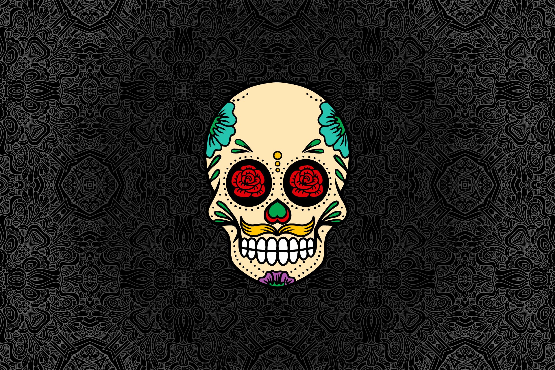digital art, skull, flowers, rose, ornamented, abstract, symmetry, HD Wallpaper