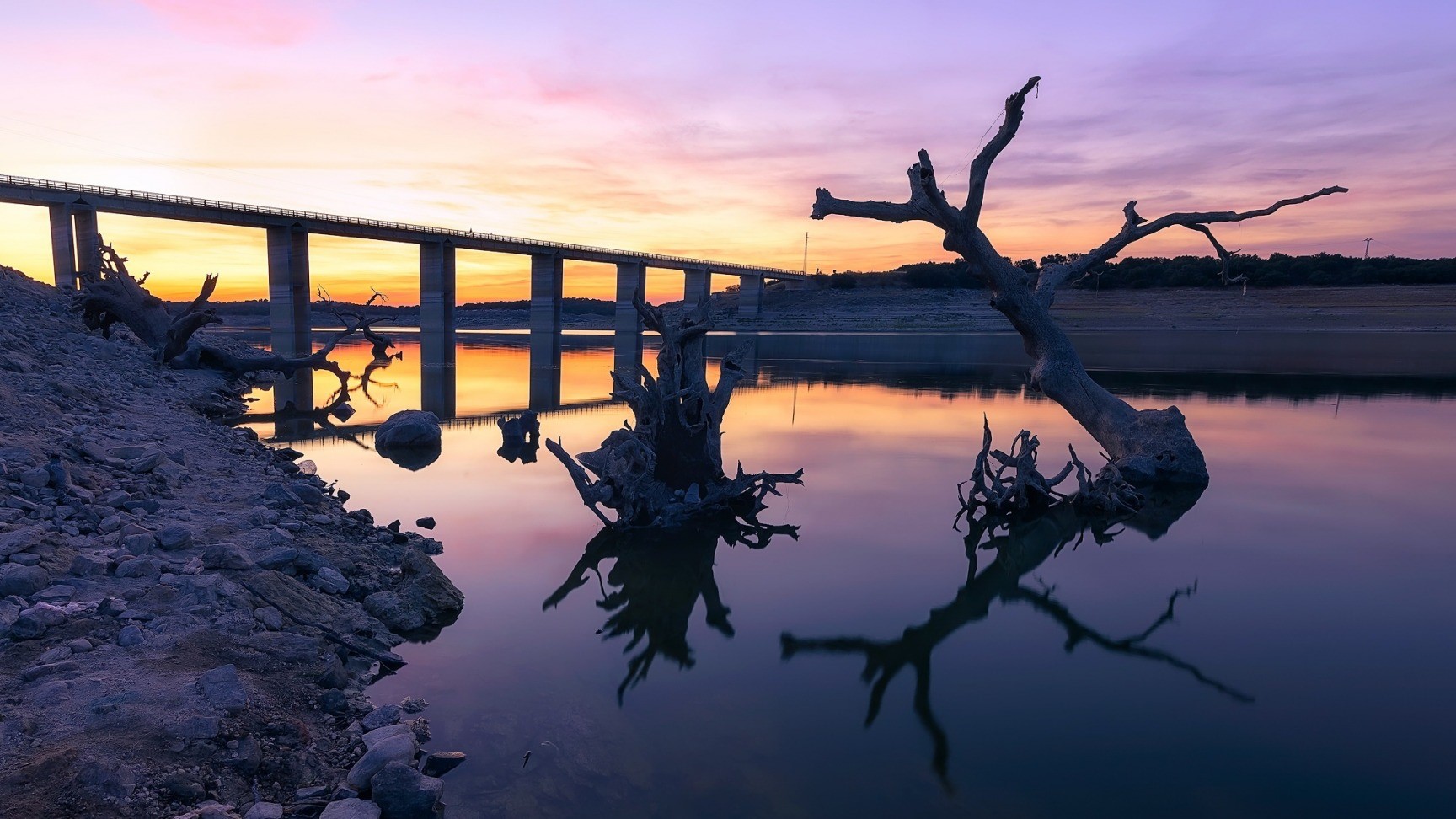 dark, sky, sunlight, water, bridge, landscape, HD Wallpaper