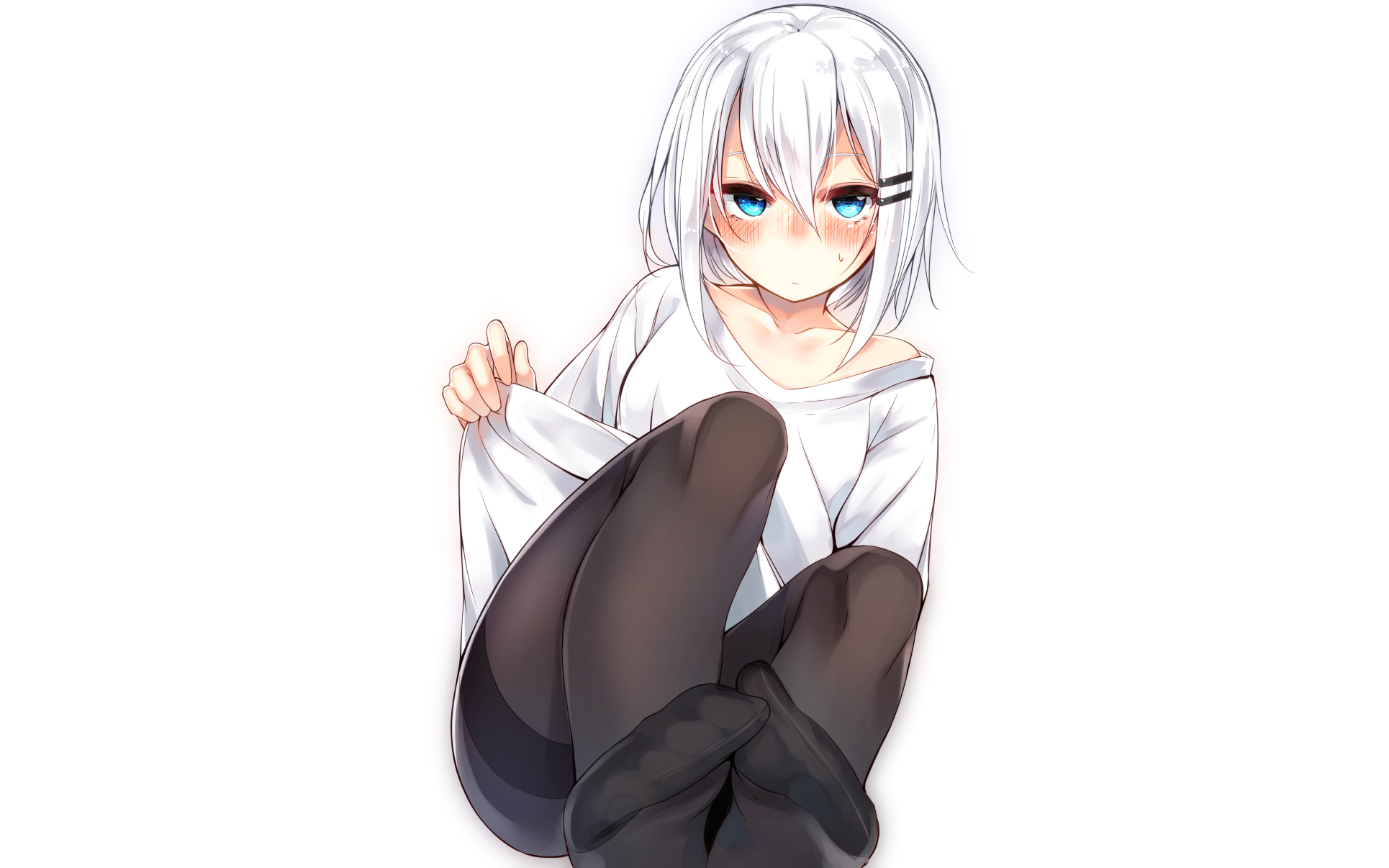 aqua eyes, blushing, short hair, white hair, thigh-highs, headdress, white clothing, ringo-chan (otokuyou), black pantyhose, HD Wallpaper