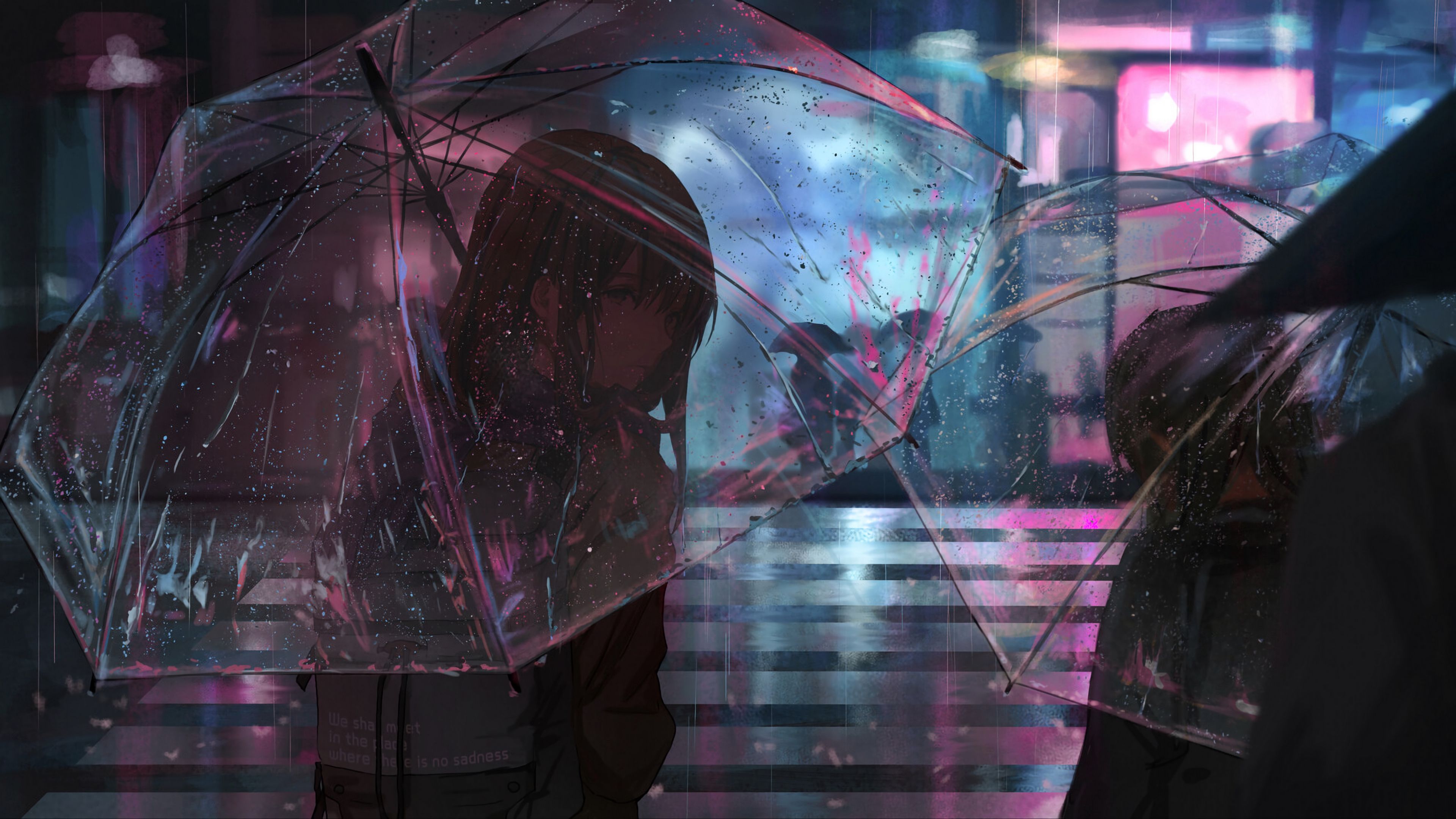 girl, umbrella, anime, rain, street, night, 4k, HD Wallpaper