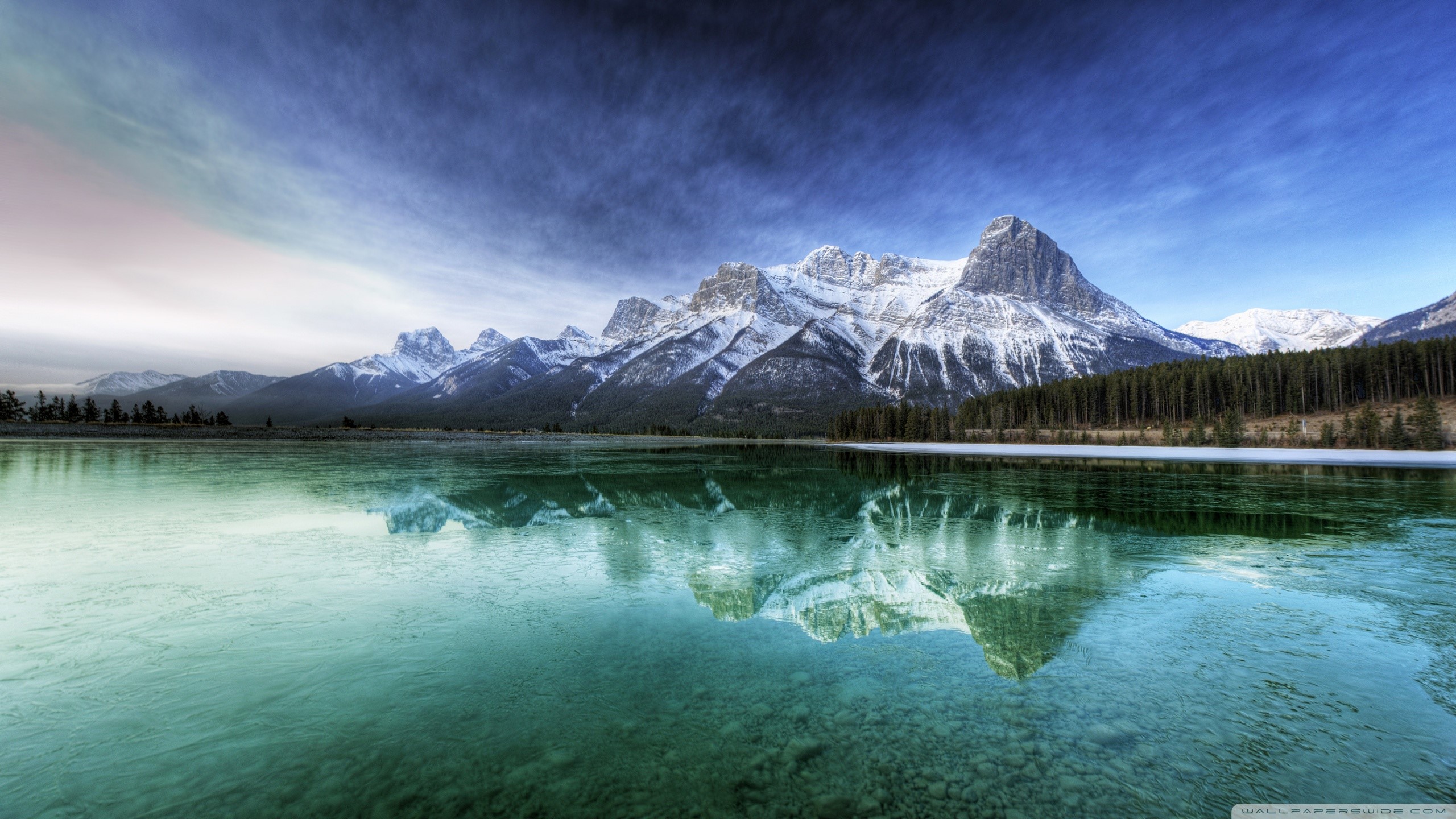 landscape, lake, mountains, watermarked, reflection, HD Wallpaper