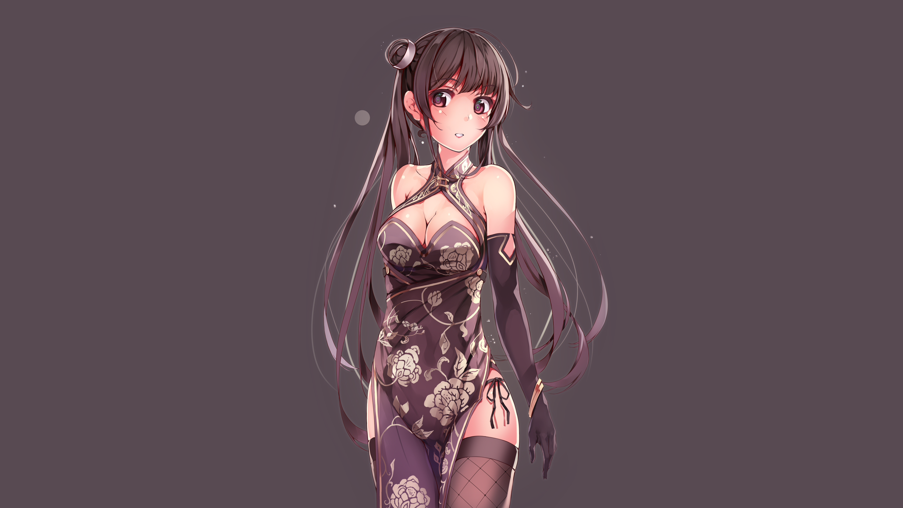 original characters, Chinese dress, cleavage, fishnets, brunette, dress, gloves, long hair, thigh-highs, HD Wallpaper