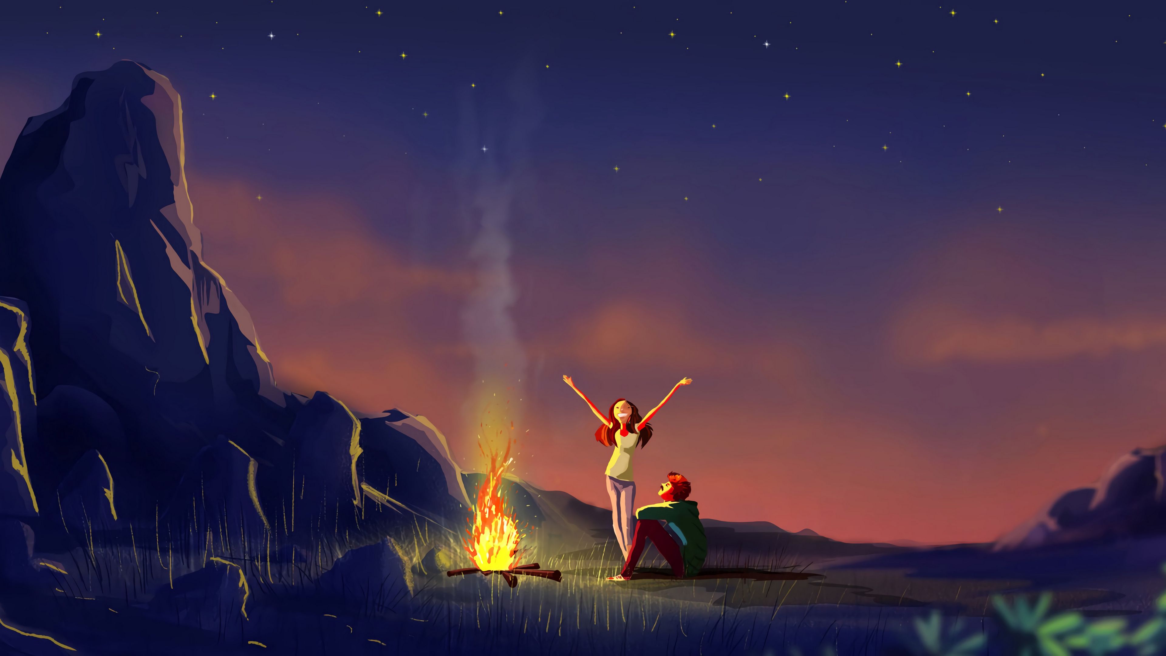 couple, bonfire, art, night, camping, 4k, HD Wallpaper