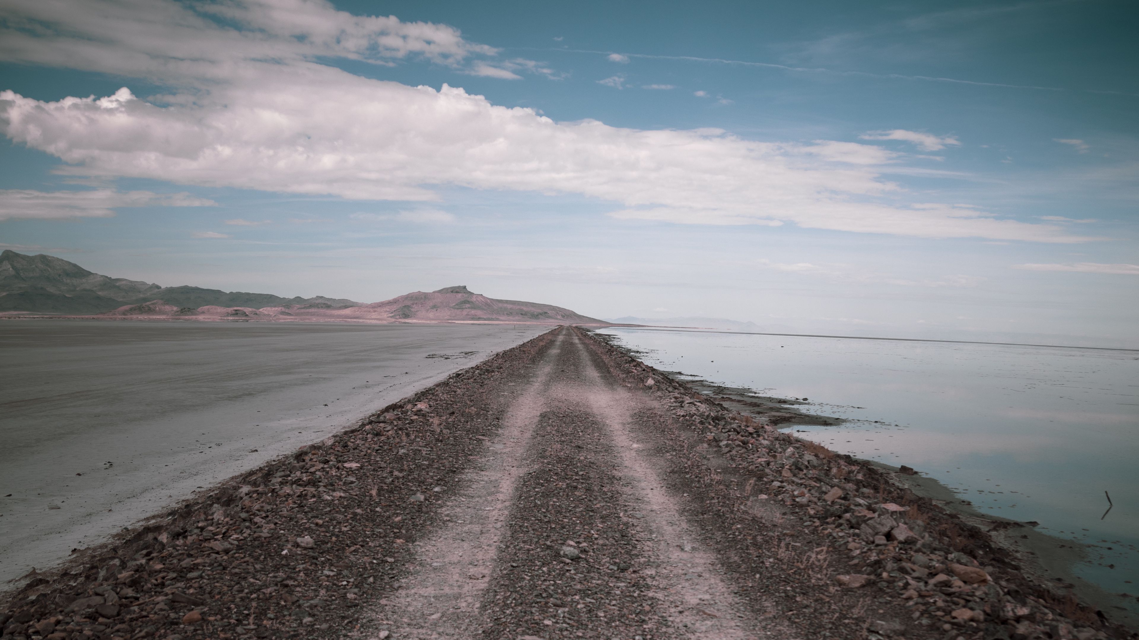 road, coast, stones, water, hills, clouds, 4k, HD Wallpaper