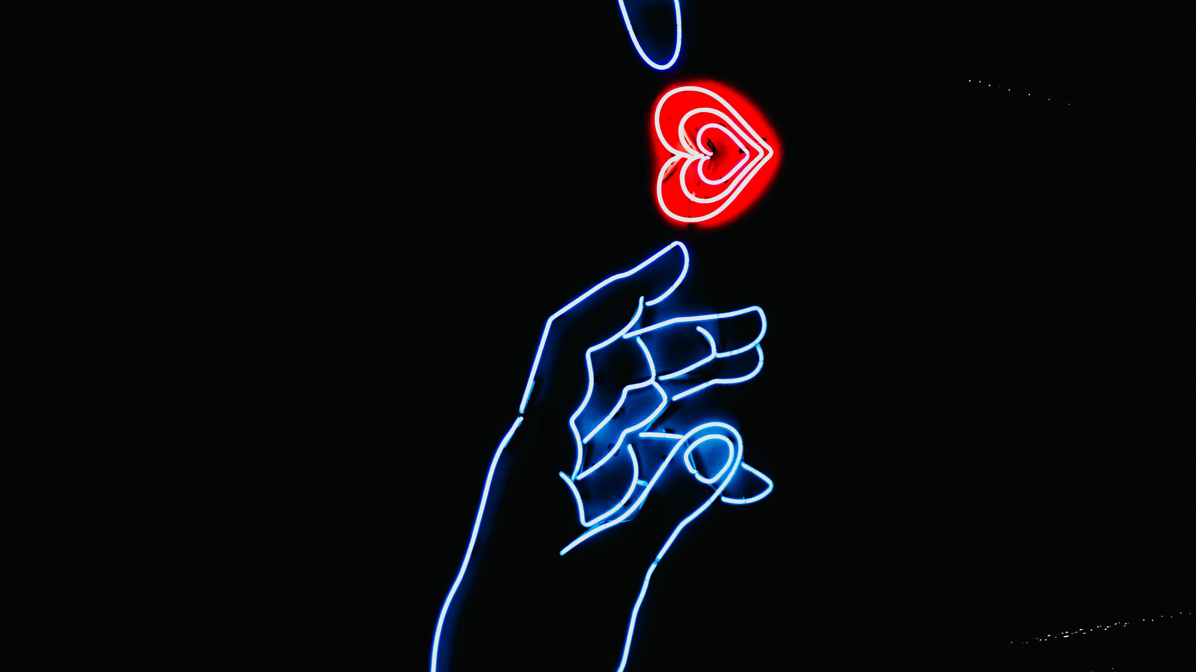 hands, heart, neon, glow, fingers, touch, dark, 4k, HD Wallpaper