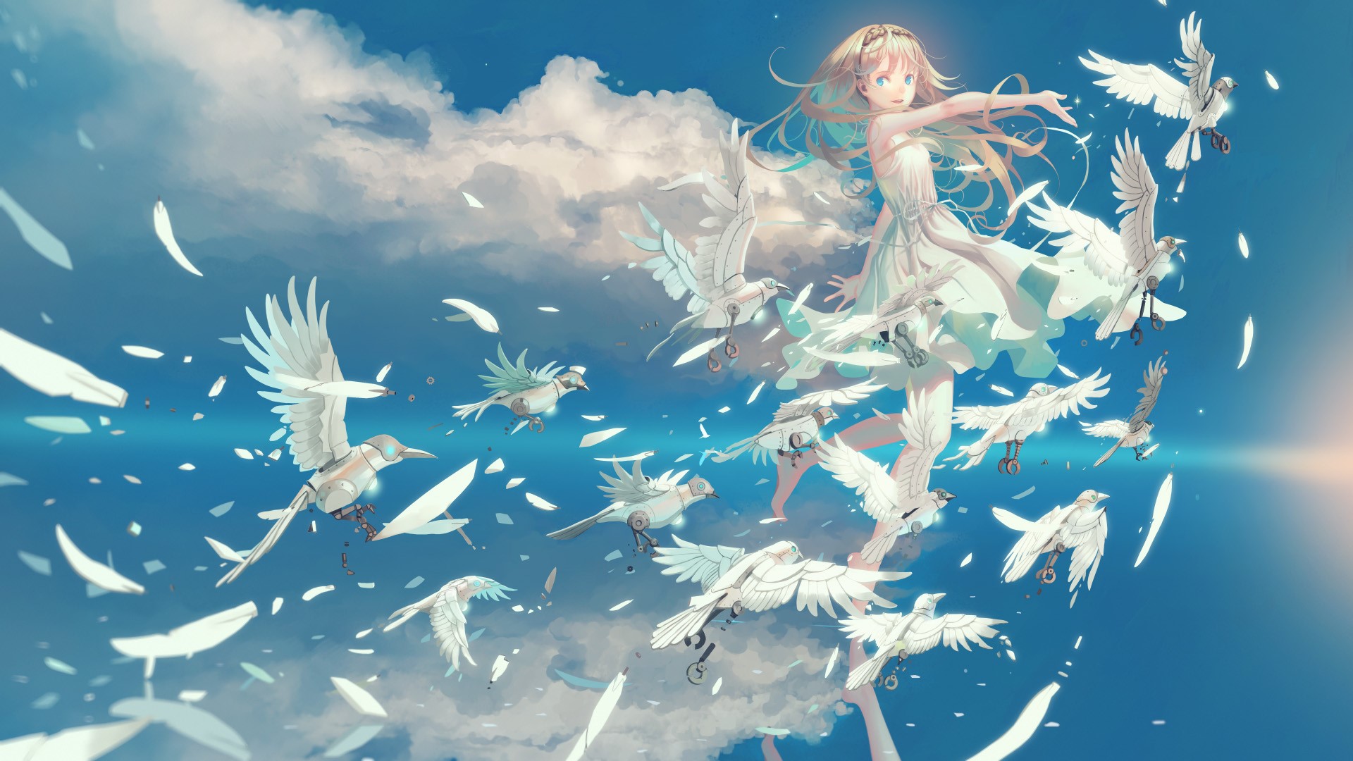 sky, water, reflection, birds, Robots, HD Wallpaper