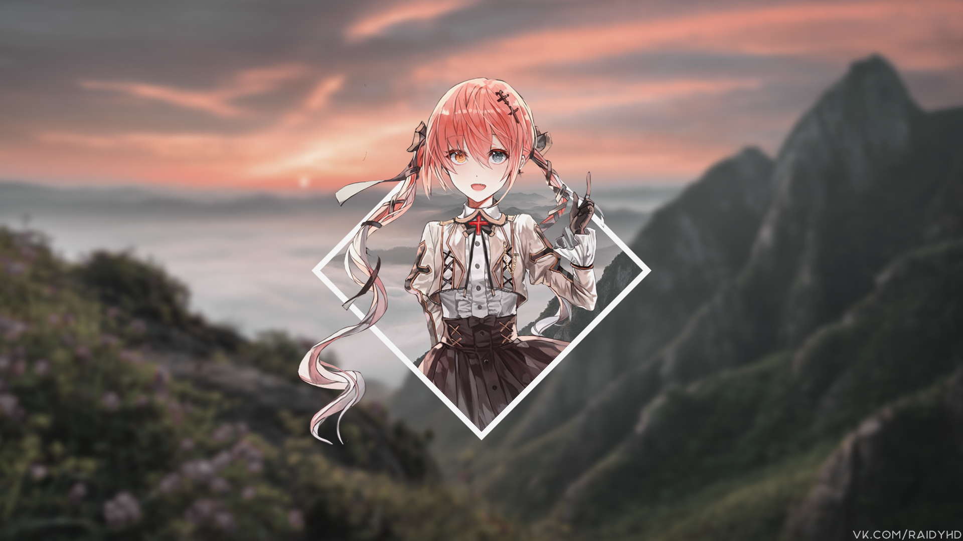 anime, anime girls, picture-in-picture, mountains, heterochromia, HD Wallpaper