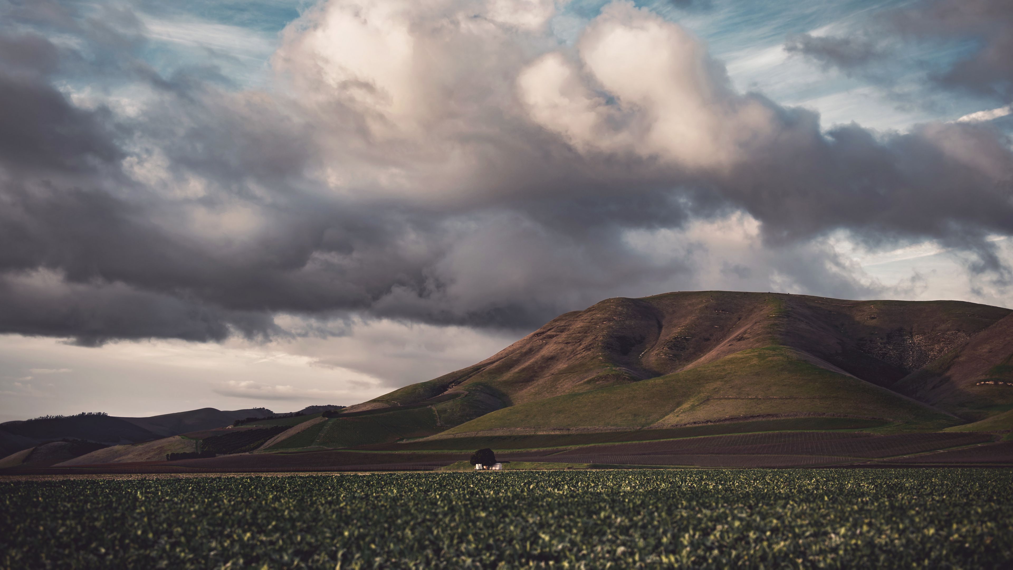 field, hills, clouds, landscape, relief, 4k, HD Wallpaper