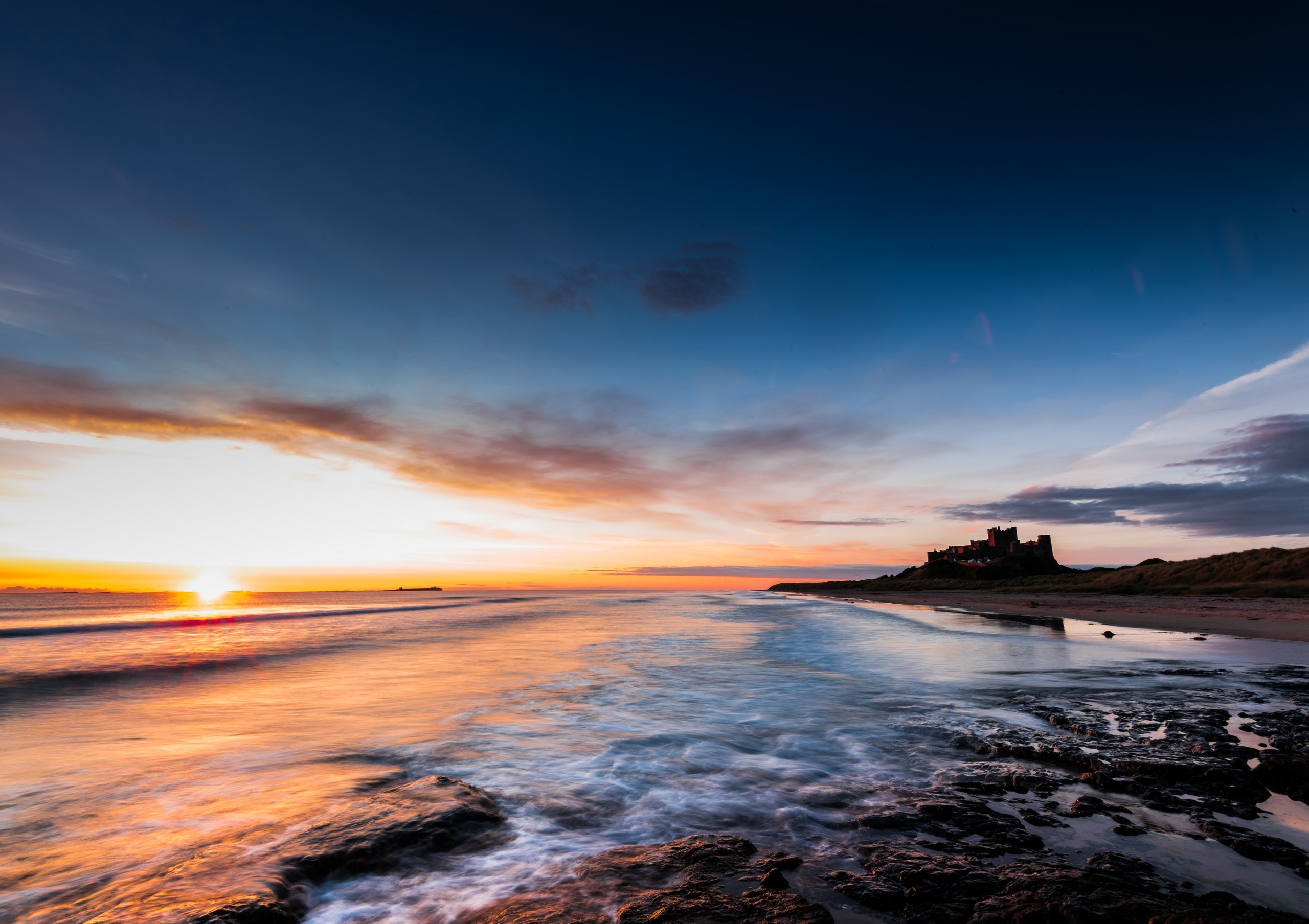 England, nature, sea, sky, sunlight, sunrise, castle, HD Wallpaper