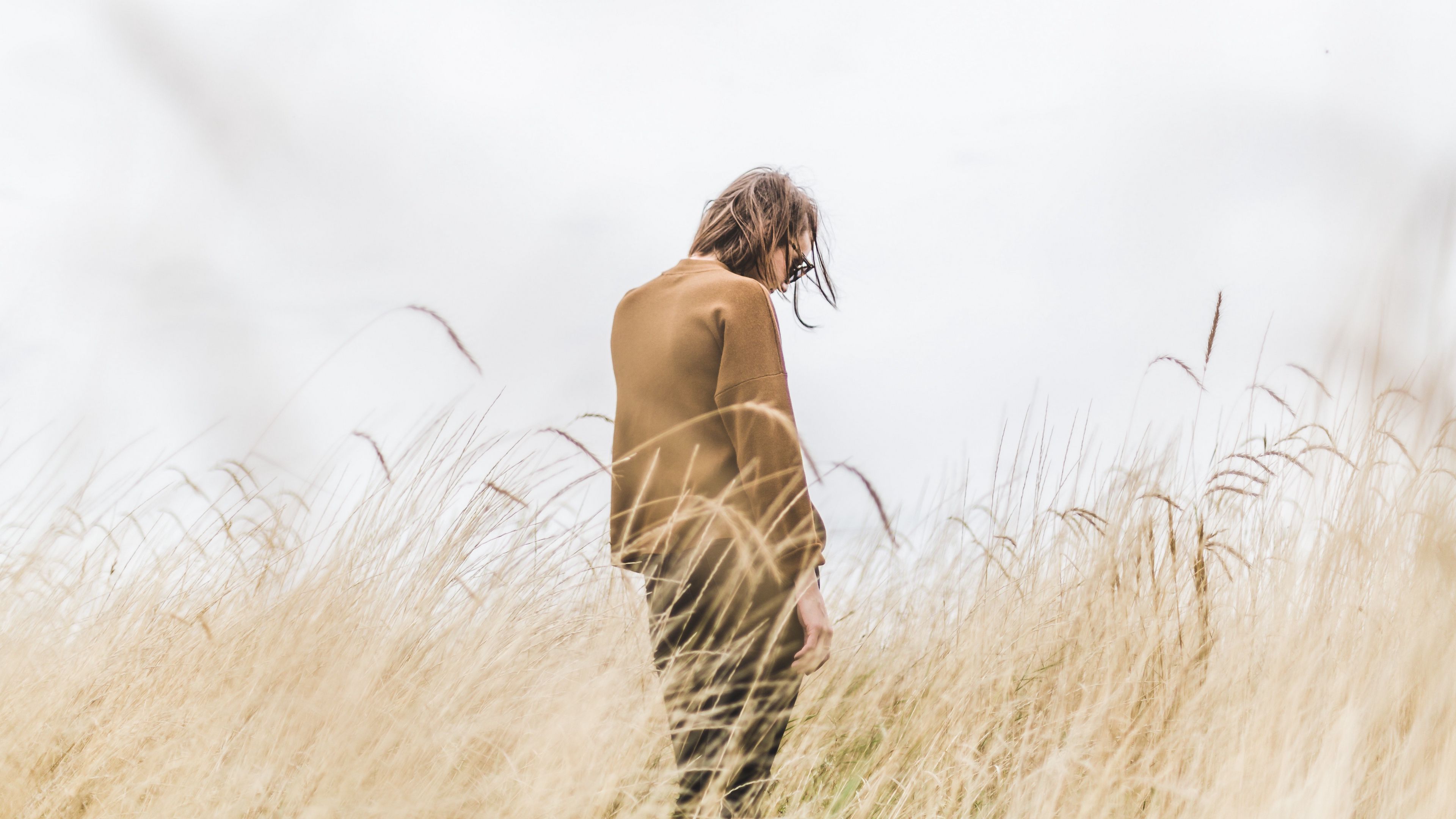 man, grass, loneliness, spikelets, field, 4k, HD Wallpaper