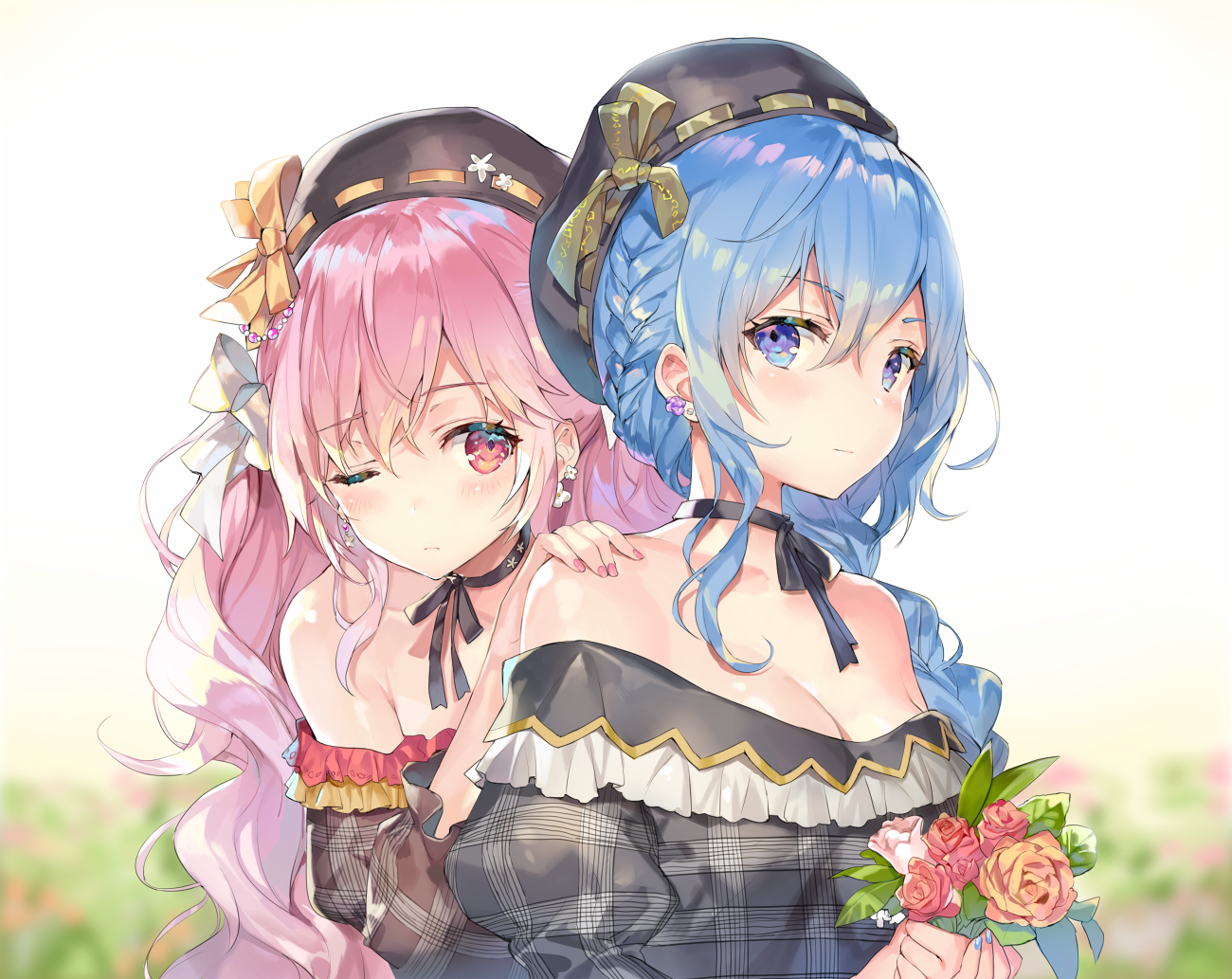 white background, aqua eyes, aqua hair, blushing, hair bows, braids, flowers, hat, long hair, pink eyes, pink hair, wink, collar, HD Wallpaper