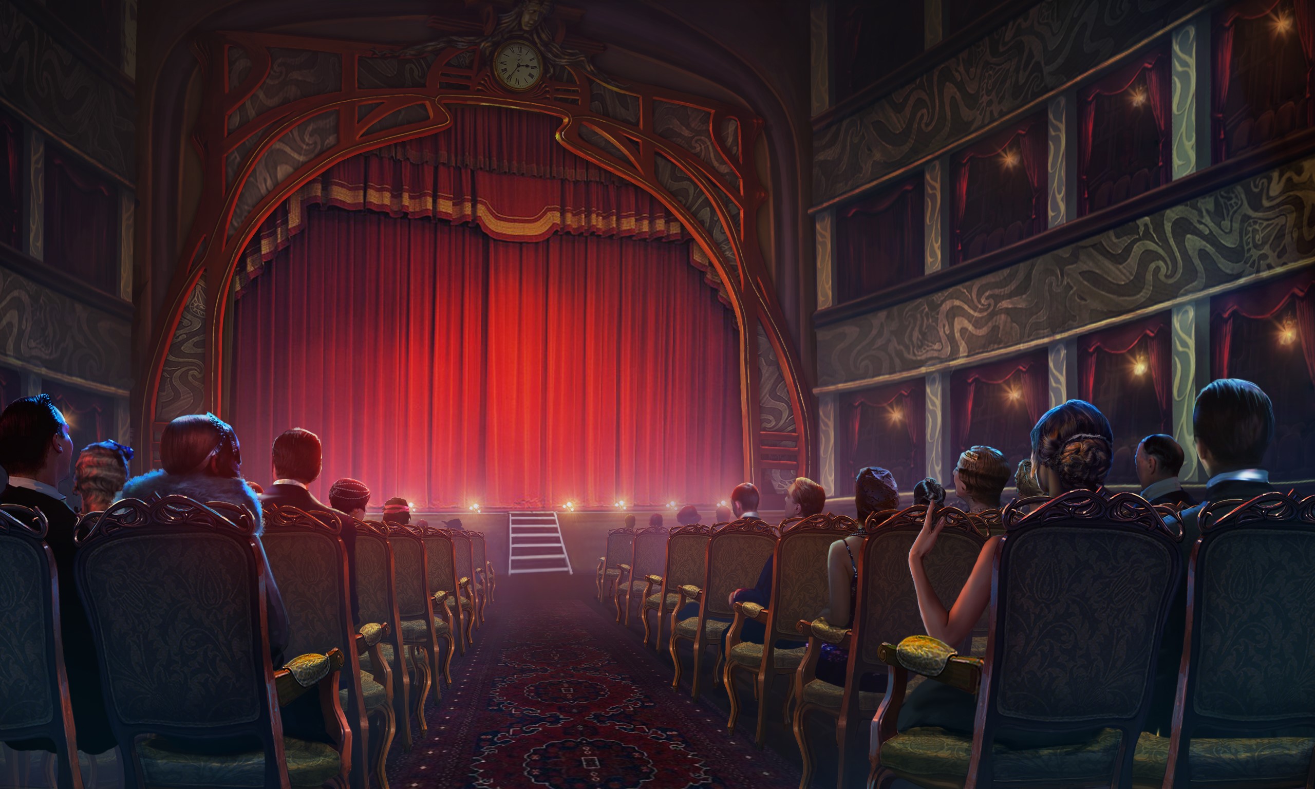 theater, curtain, people, carpet, clocks, HD Wallpaper