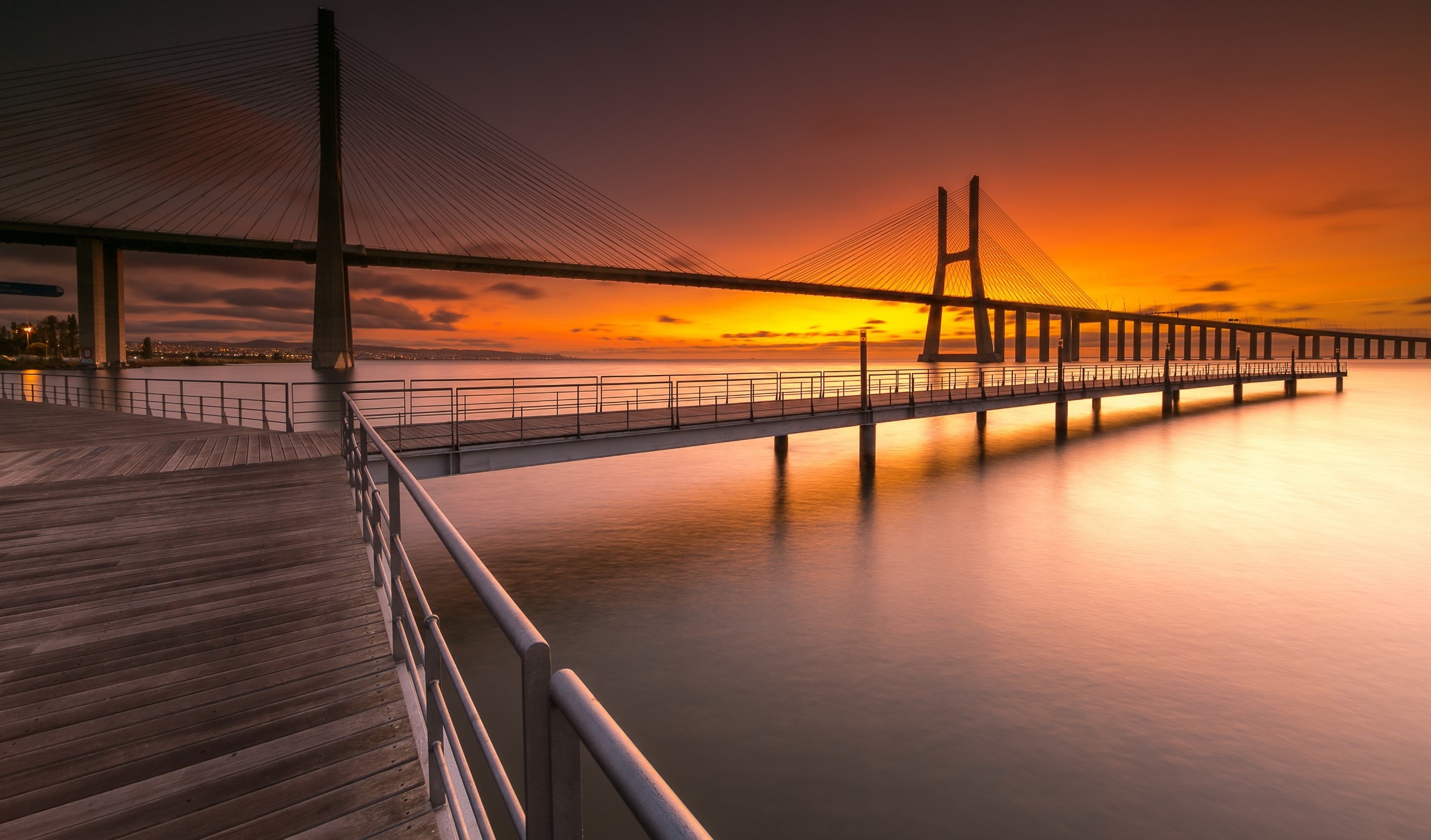 sunlight, bridge, sky, water, Portugal, Vasco da Gama Bridge, HD Wallpaper