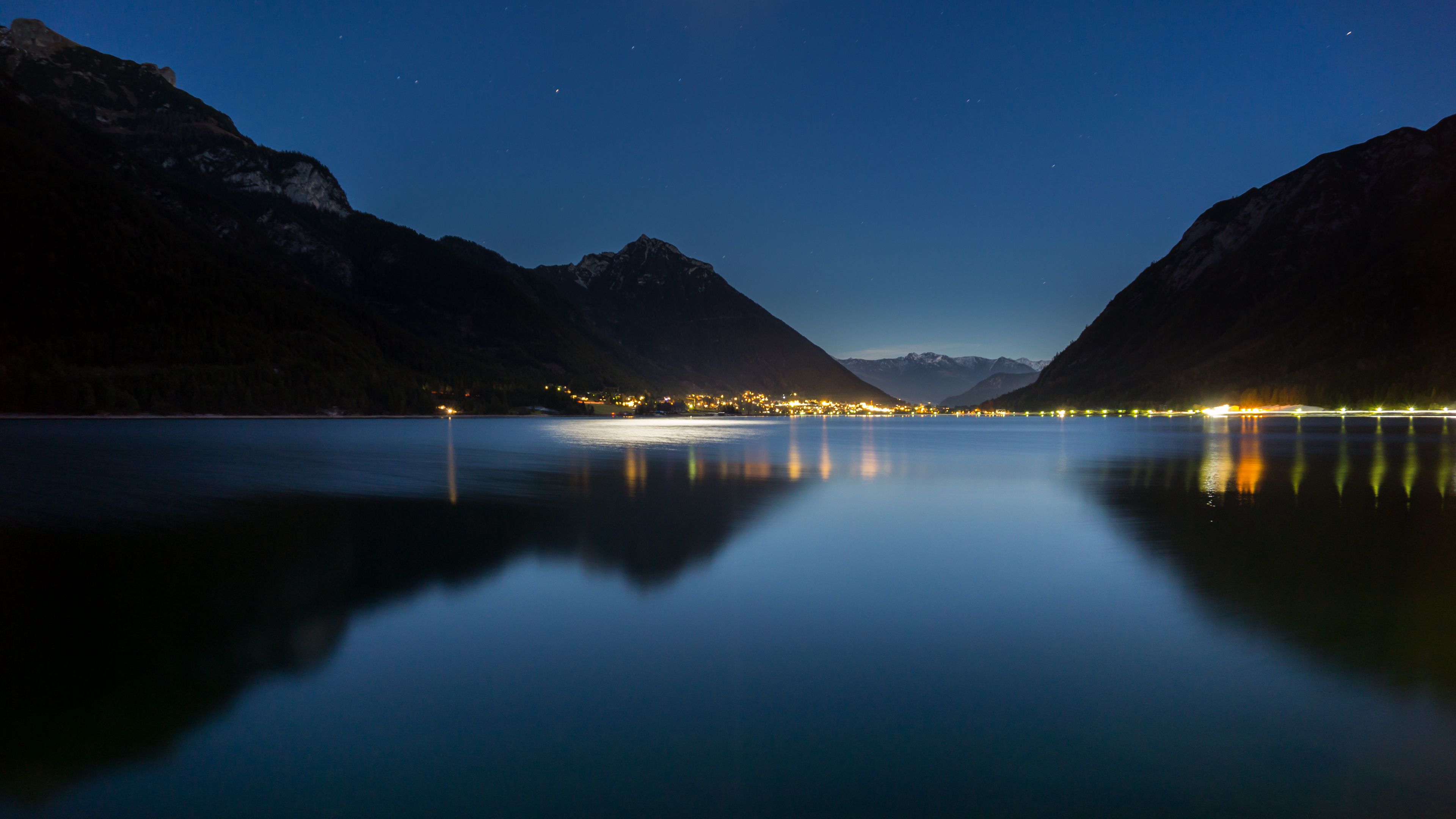 lake, mountains, city, lights, night, reflection, 4k, HD Wallpaper