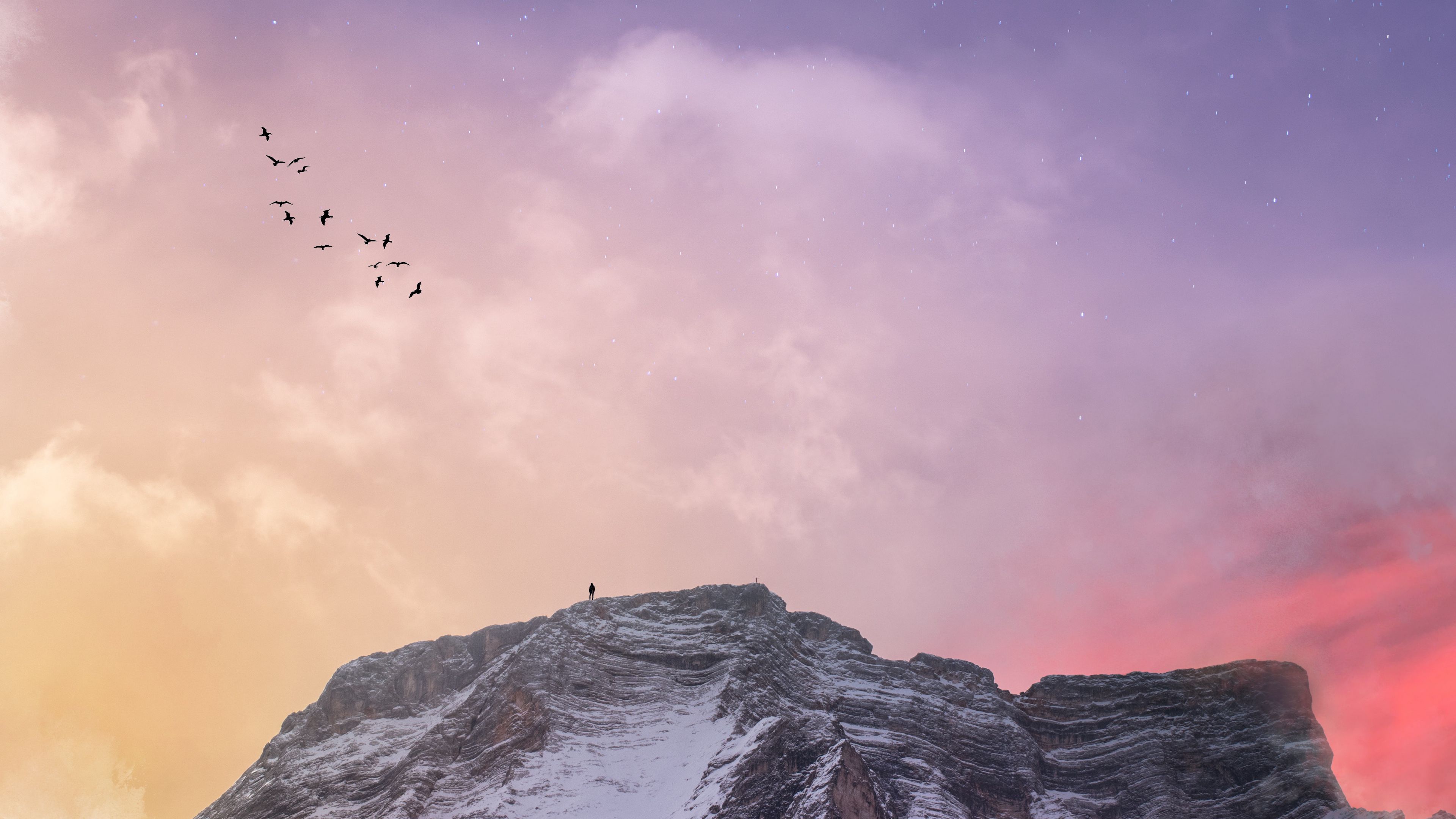 mountain, peak, silhouette, birds, sky, stars, 4k, HD Wallpaper