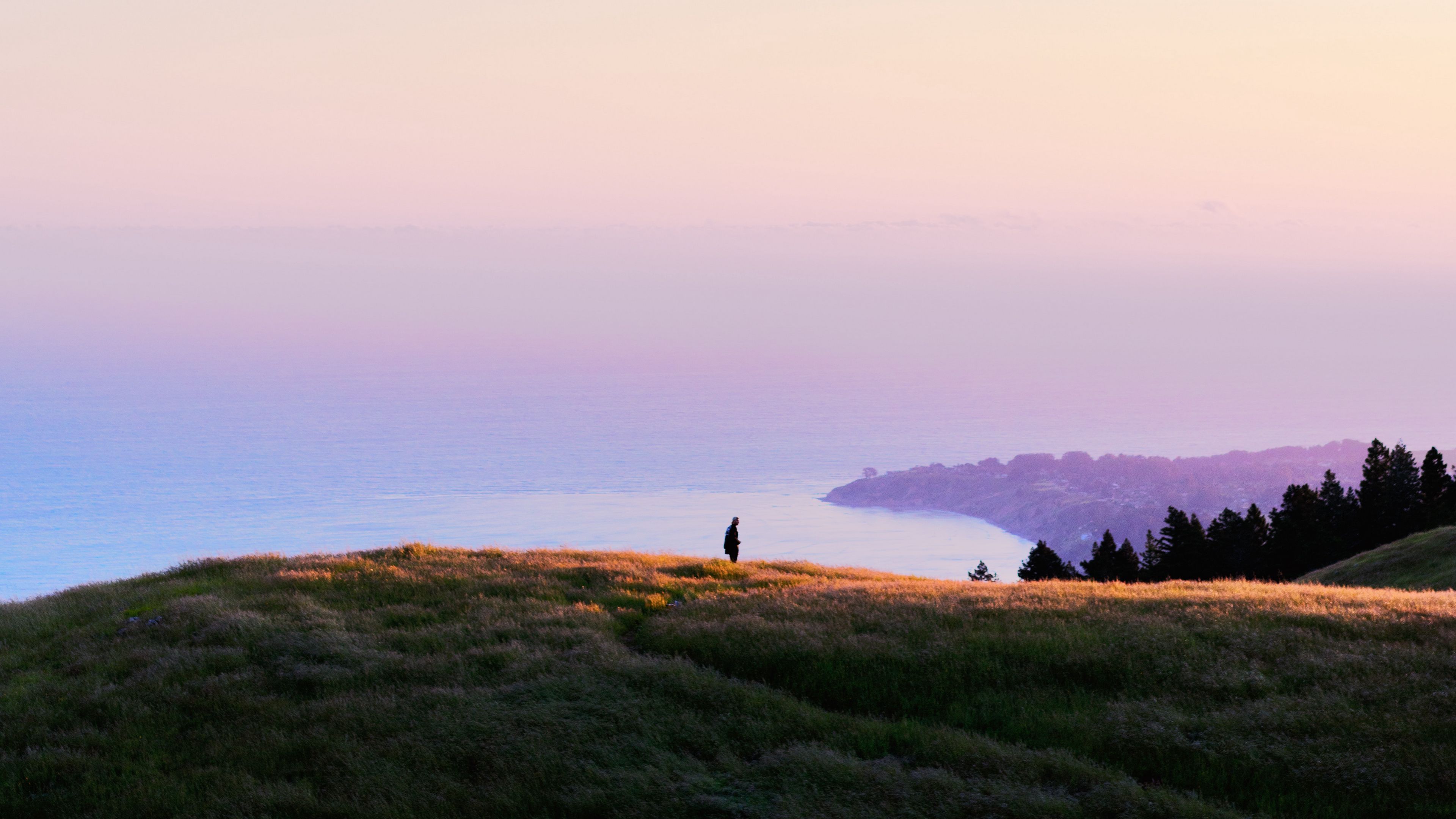 ocean, coast, horizon, hills, silhouette, fog, 4k, HD Wallpaper