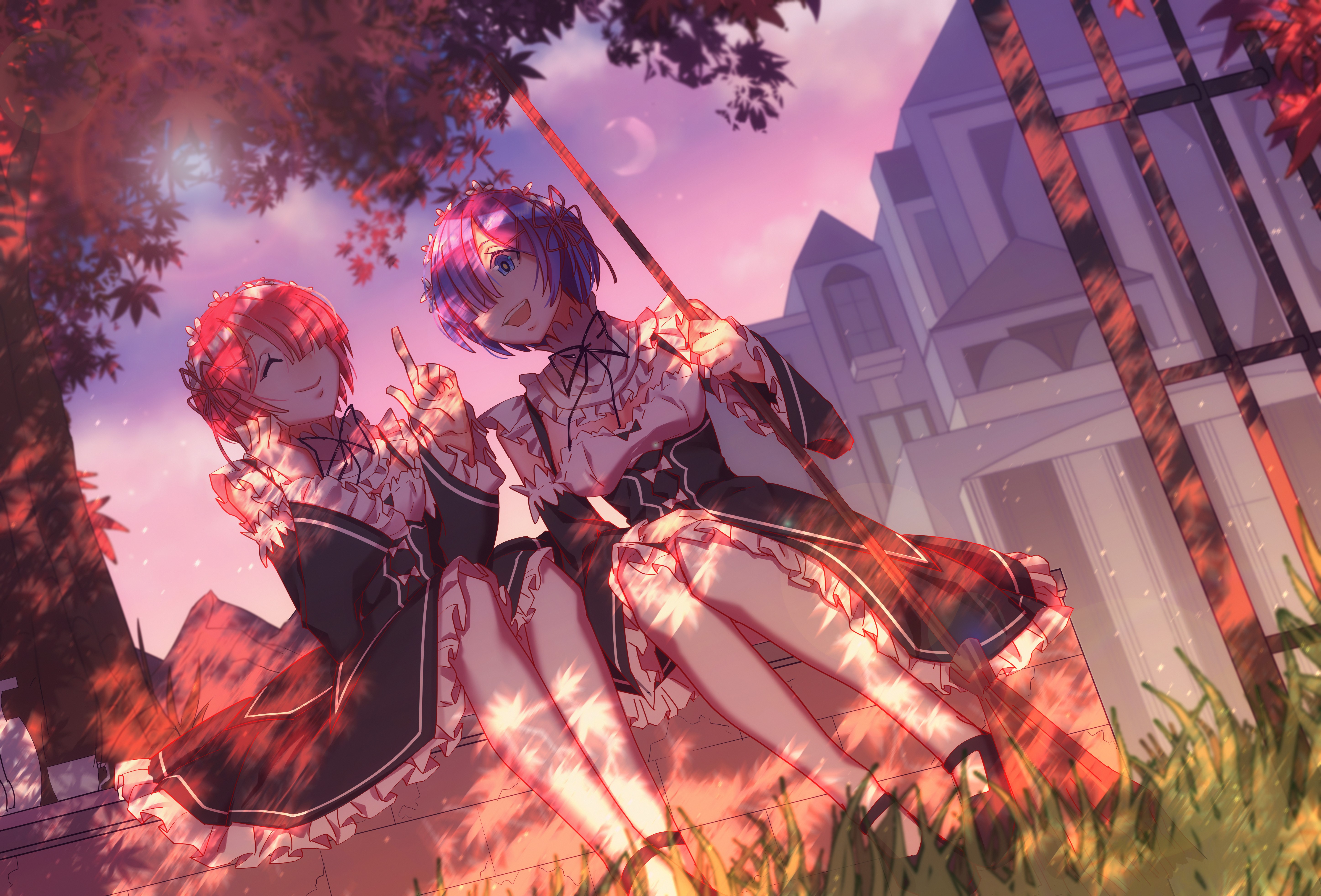 anime, anime girls, Re:Zero Kara Hajimeru Isekai Seikatsu, Ram (Re: Zero), Rem (Re: Zero), short hair, blue hair, maid, maid outfit, sunset, smiling, HD Wallpaper