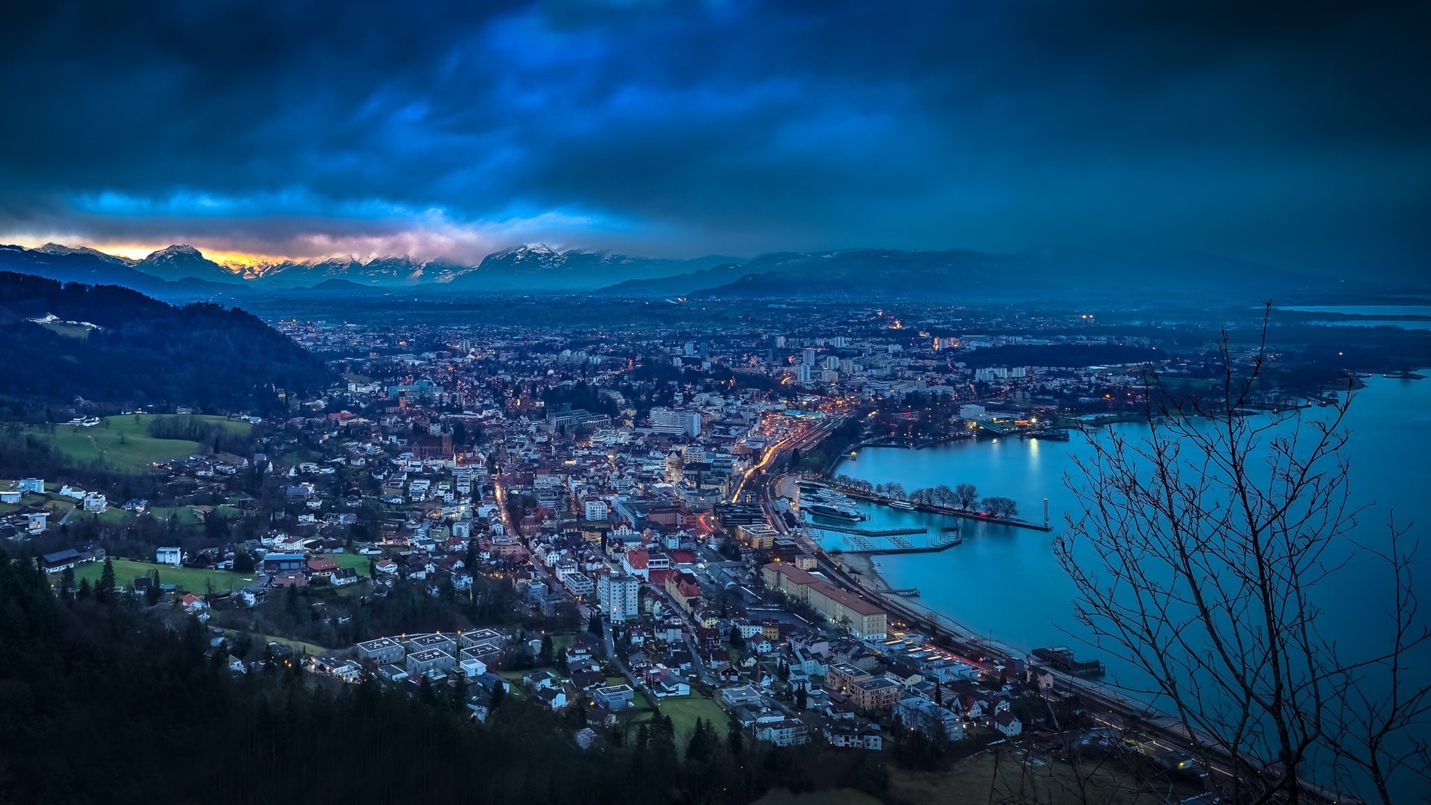 nature, city, clouds, dusk, lake, mountains, landscape, outdoors, sea, sunset, sky, water, blue, aerial view, HD Wallpaper