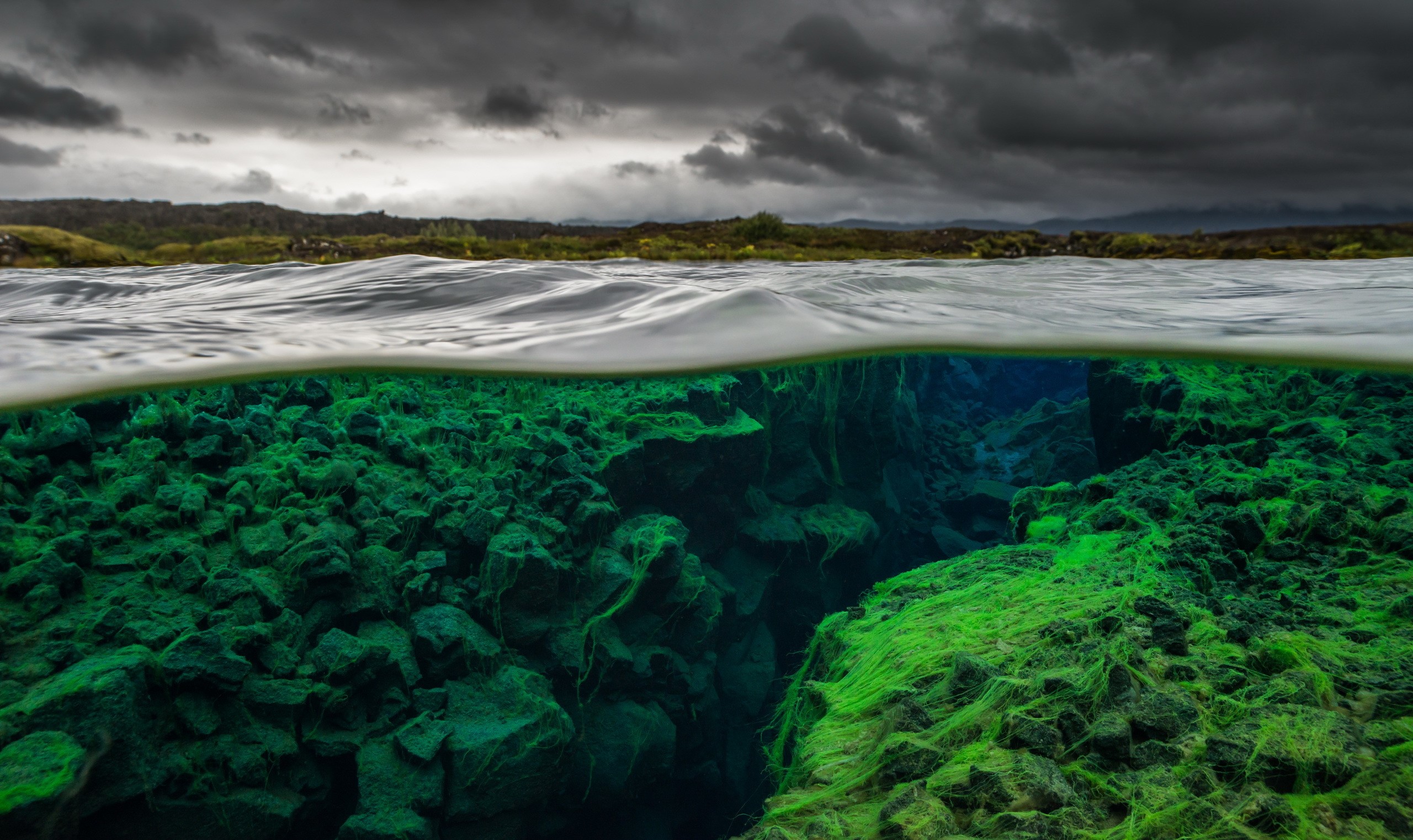 sea, underwater, nature, water, green, waves, overcast, HD Wallpaper