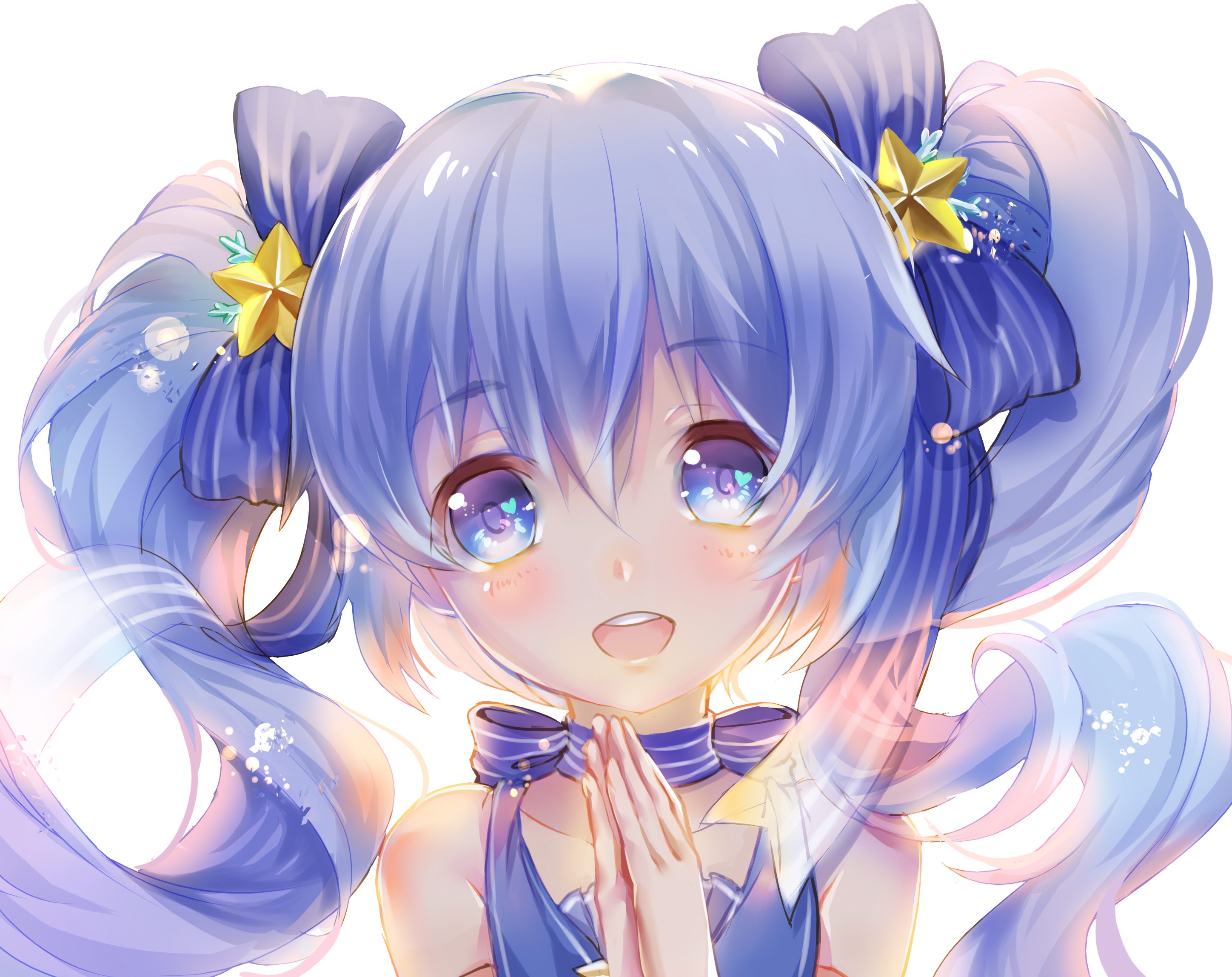 anime, anime girls, blue hair, looking at viewer, blue eyes, smiling, blushing, white background, HD Wallpaper