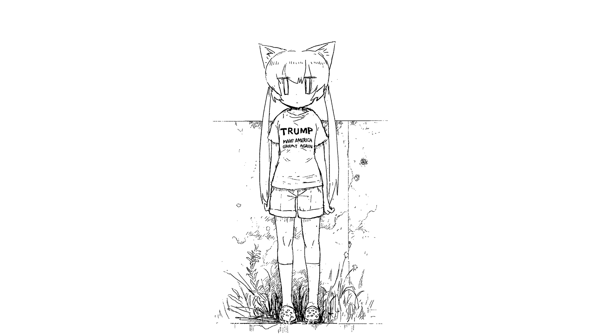 anime girls, simple background, cat ears, monochrome, Donald Trump, HD Wallpaper