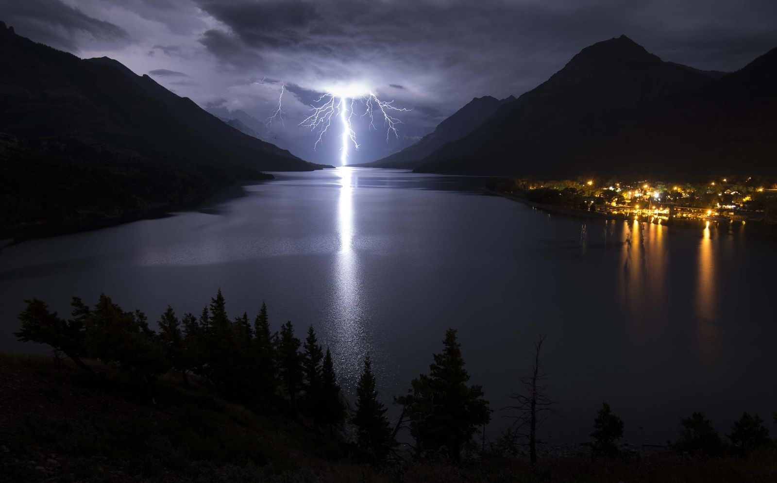 mountains, lightning, dark, nature, night, lights, HD Wallpaper
