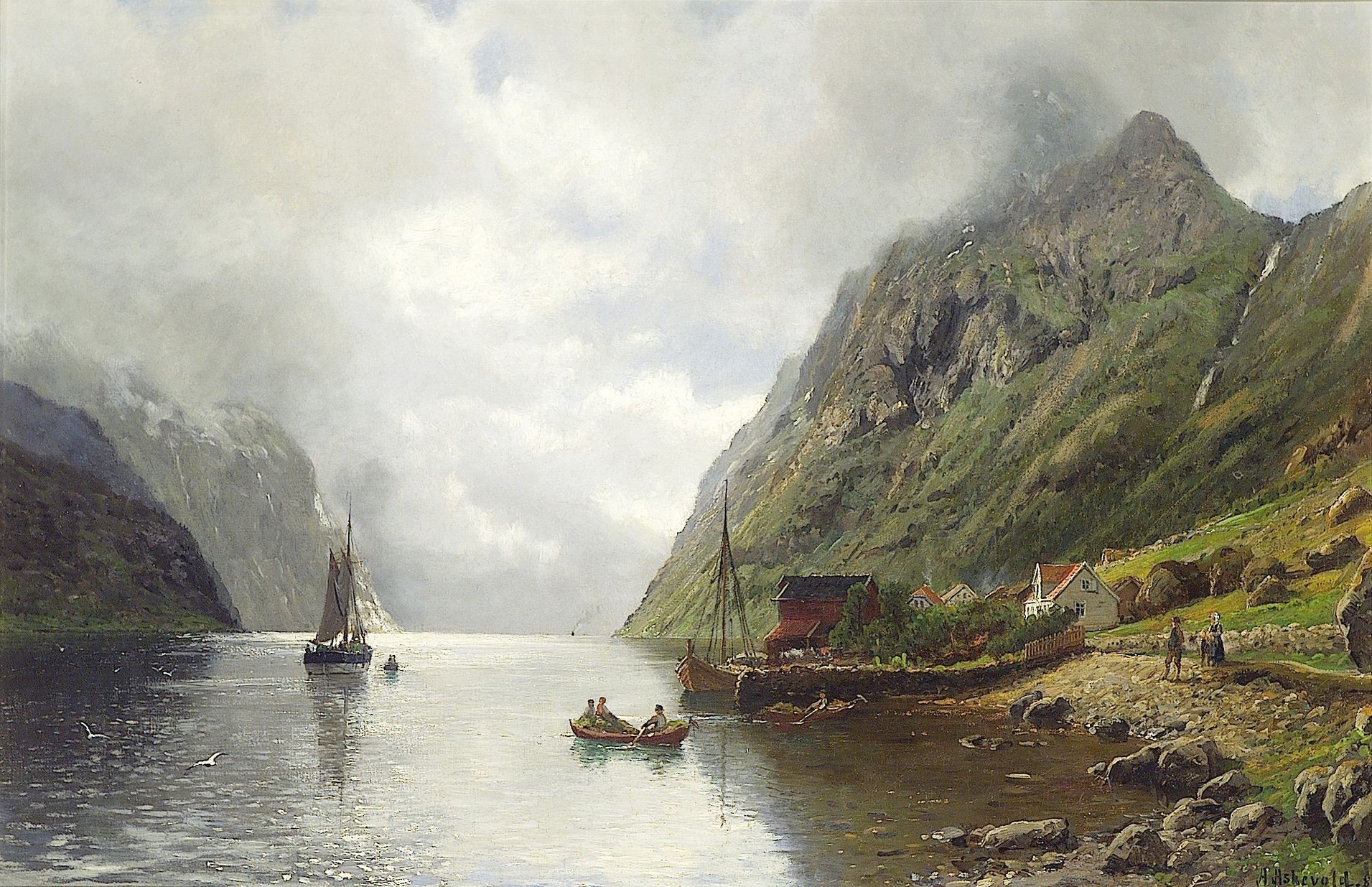 painting, landscape, Norway, villages, fjord, river, mountains, clouds, Anders Askevold, HD Wallpaper