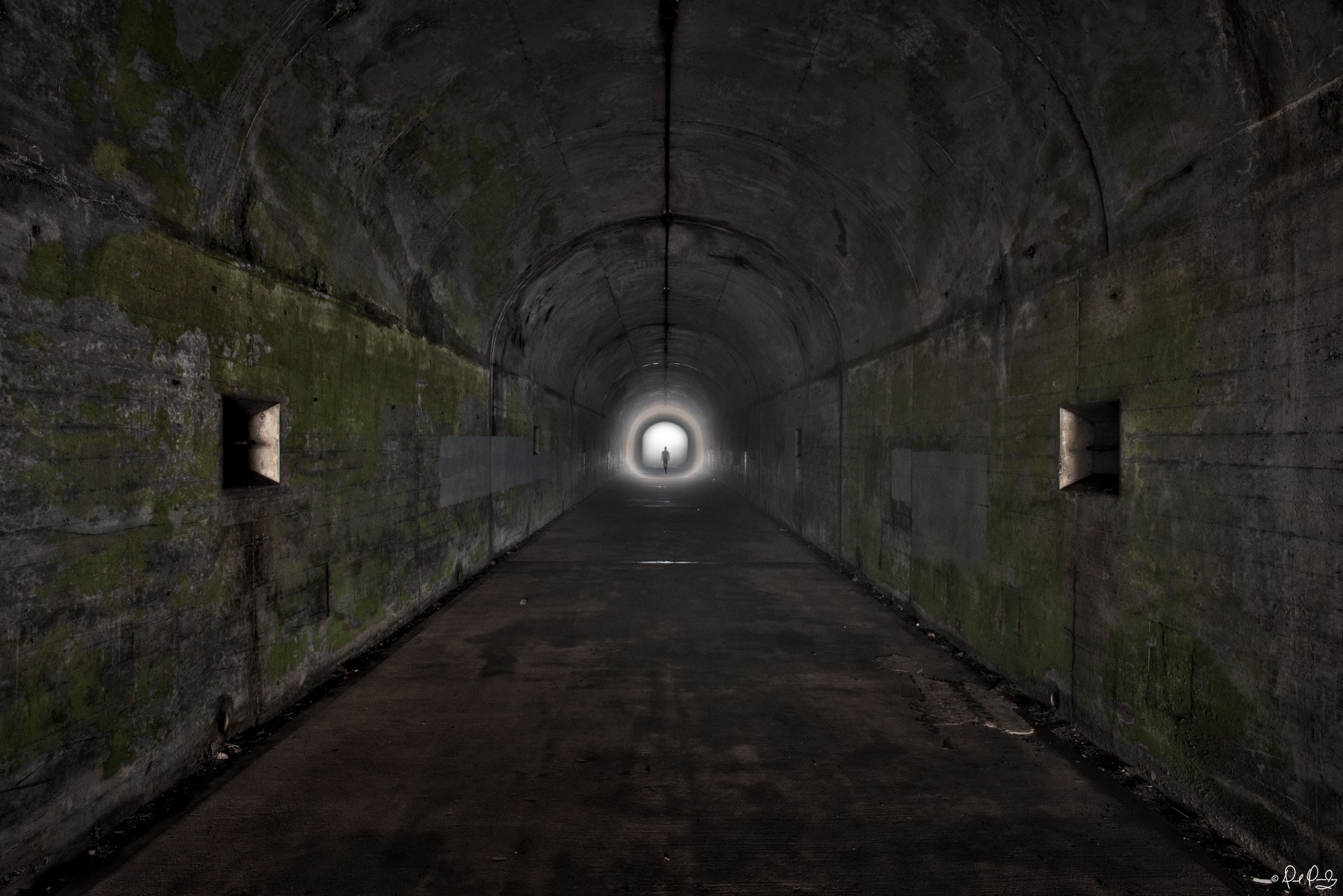 architecture, building, photo manipulation, tunnel, abandoned, lights, moss, silhouette, HD Wallpaper