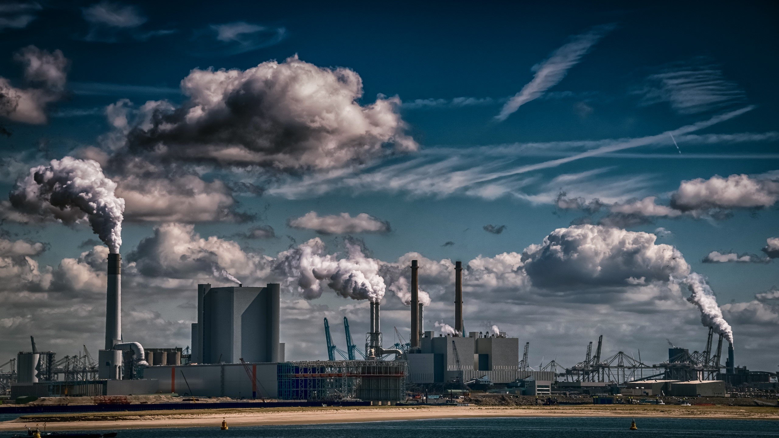 sky, industrial, clouds, blue, factories, environment, HD Wallpaper