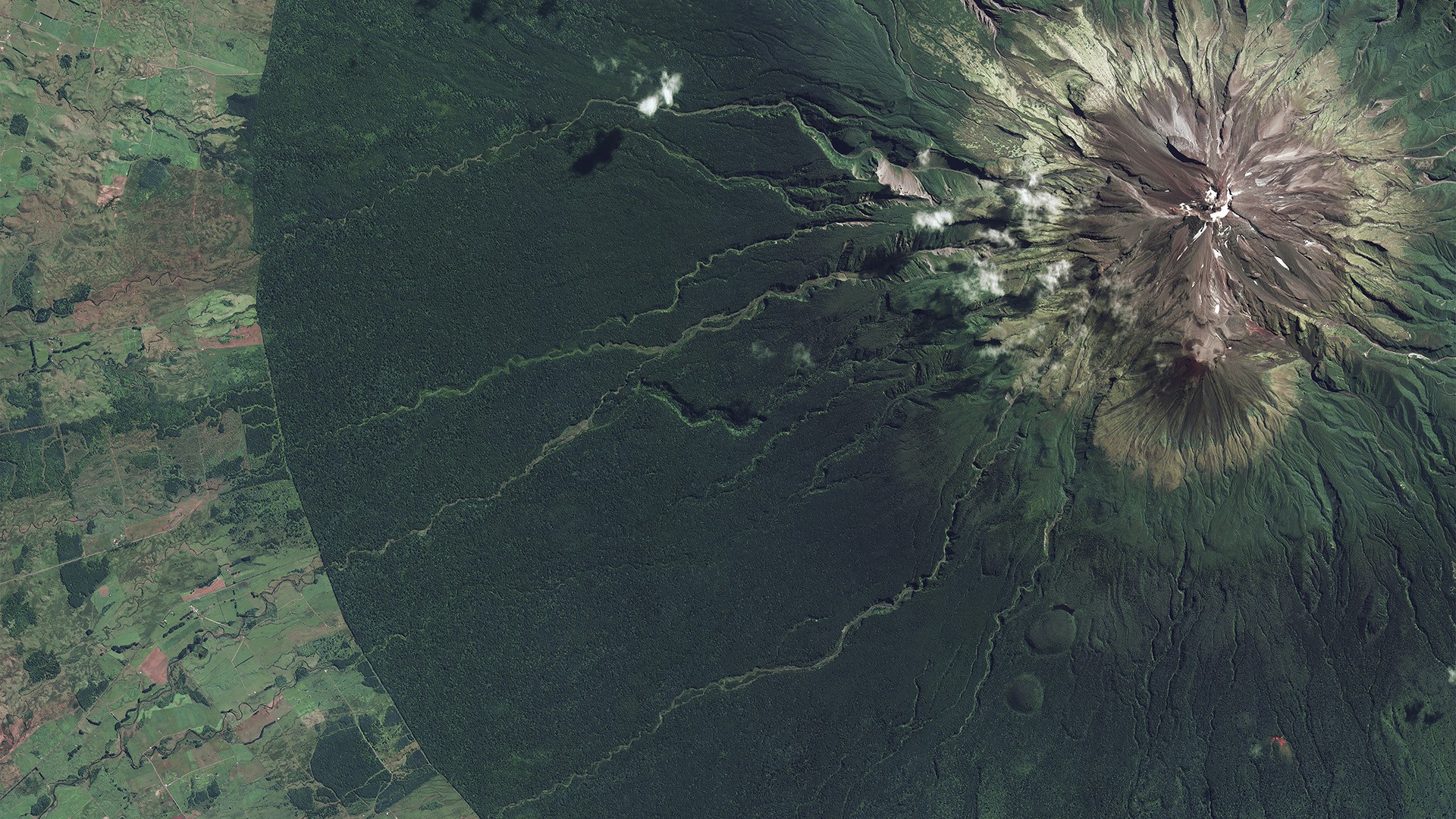 nature, landscape, aerial view, New Zealand, mountains, forest, clouds, field, volcano, HD Wallpaper