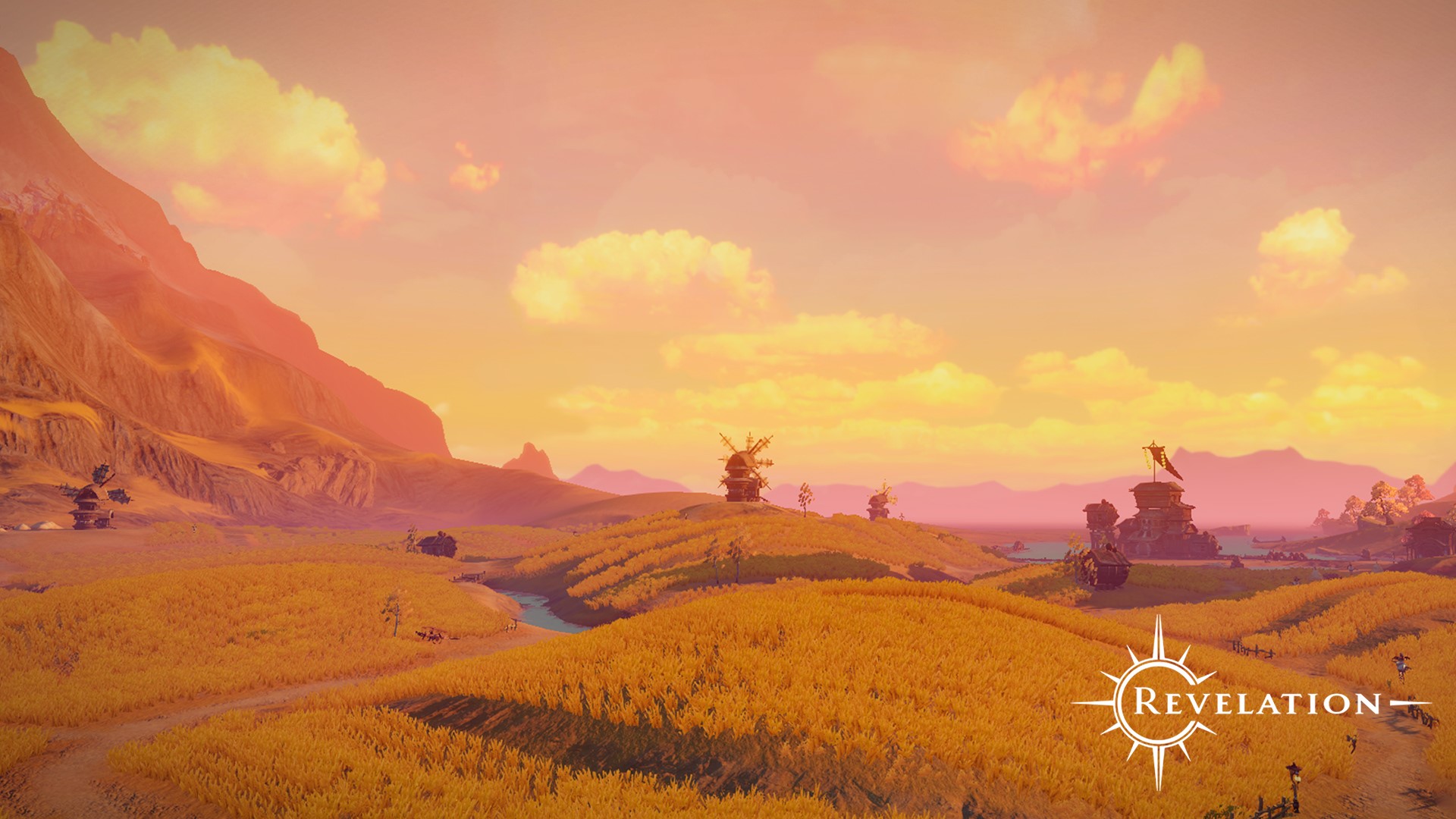 digital art, nature, landscape, hills, clouds, Revelation Online, video games, windmill, mountains, field, HD Wallpaper