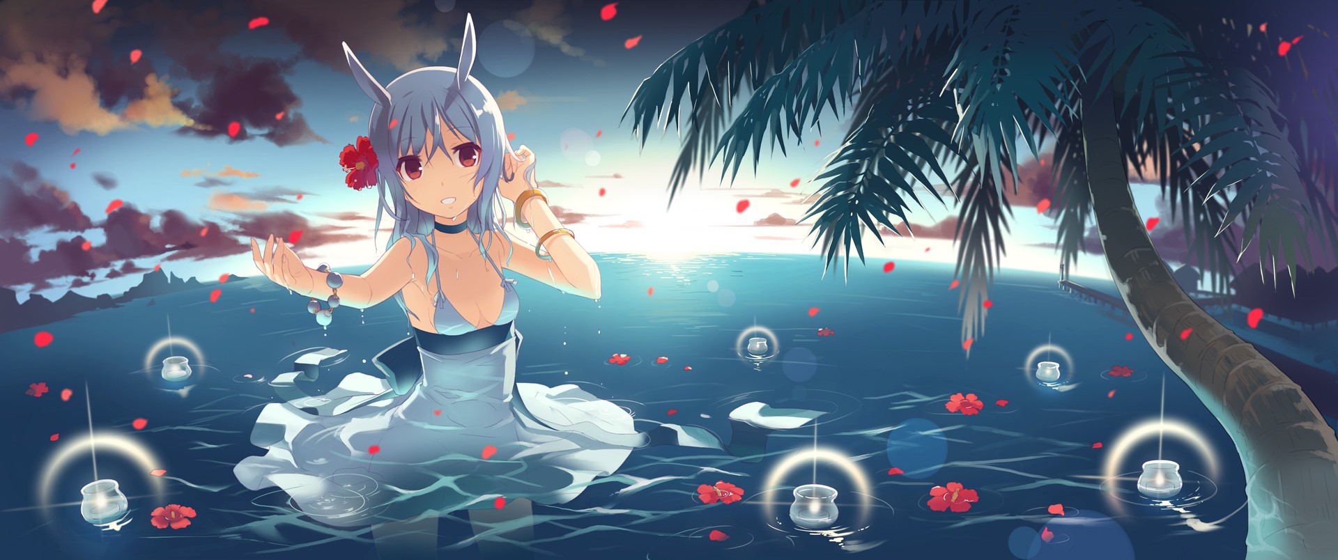 anime, anime girls, animal ears, blue hair, cleavage, HD Wallpaper