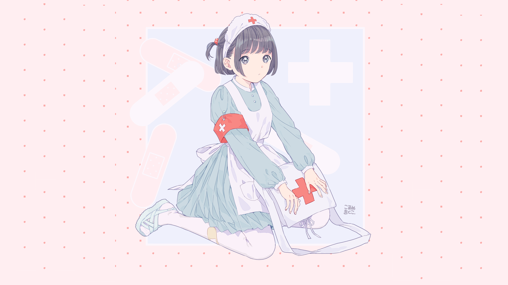 anime girls, anime, nurses, simple background, kneeling, HD Wallpaper