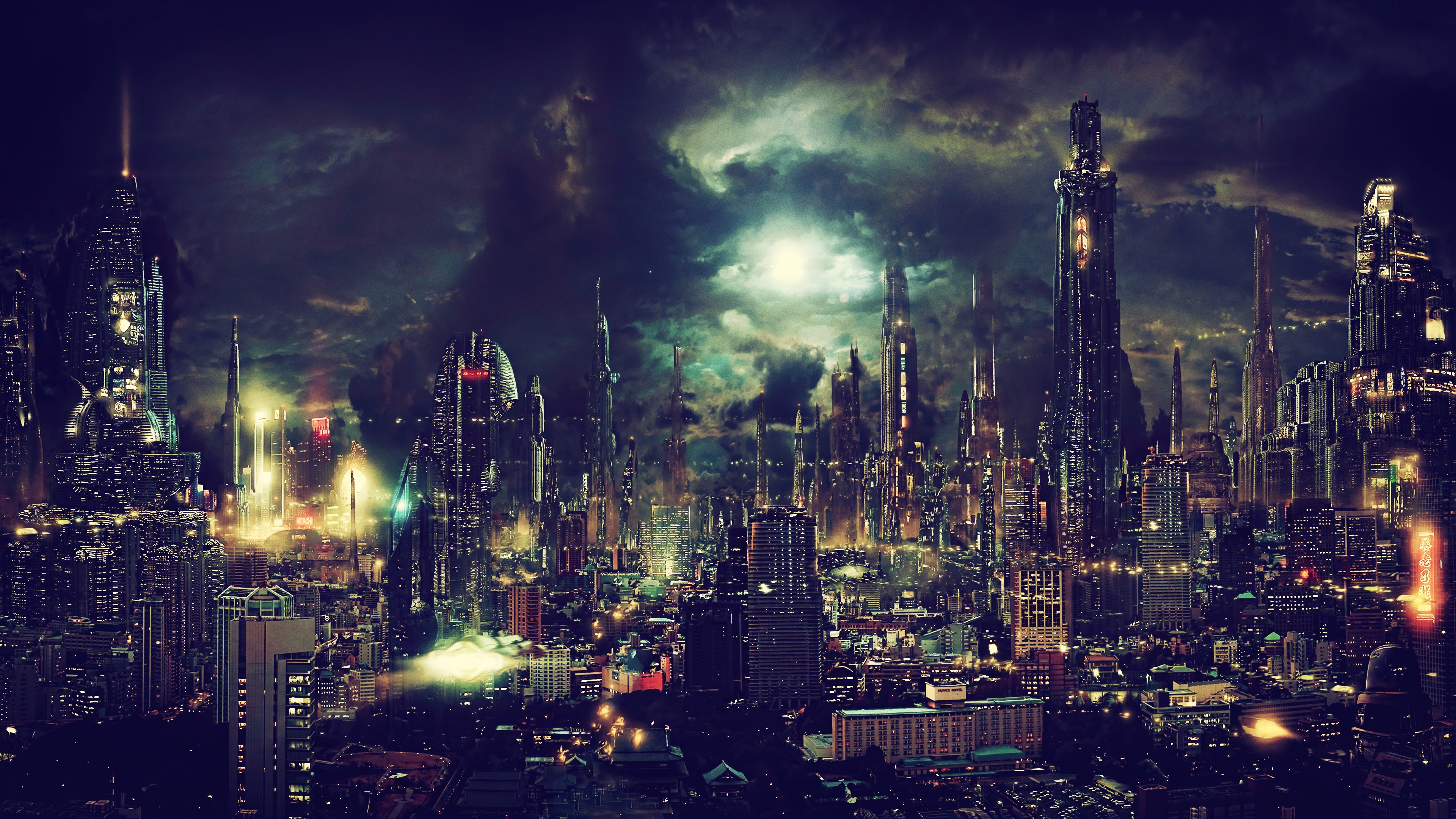 fantasy art, night, fan art, artwork, cityscape, cyberpunk, futuristic city, HD Wallpaper
