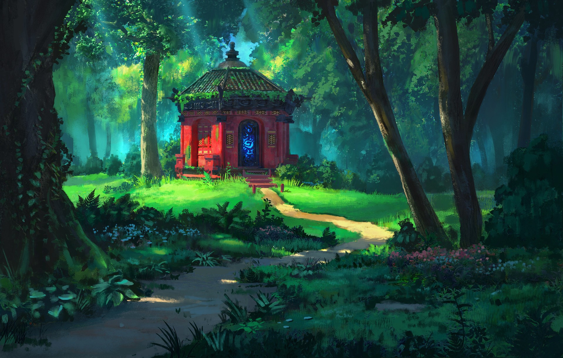 digital art, artwork, landscape, forest, shrine, HD Wallpaper