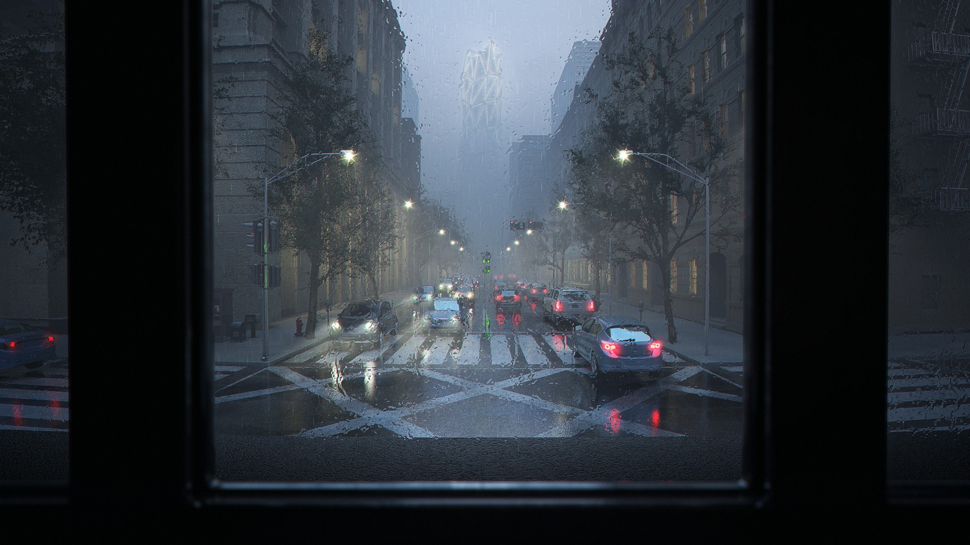 digital art, street, rain, HD Wallpaper
