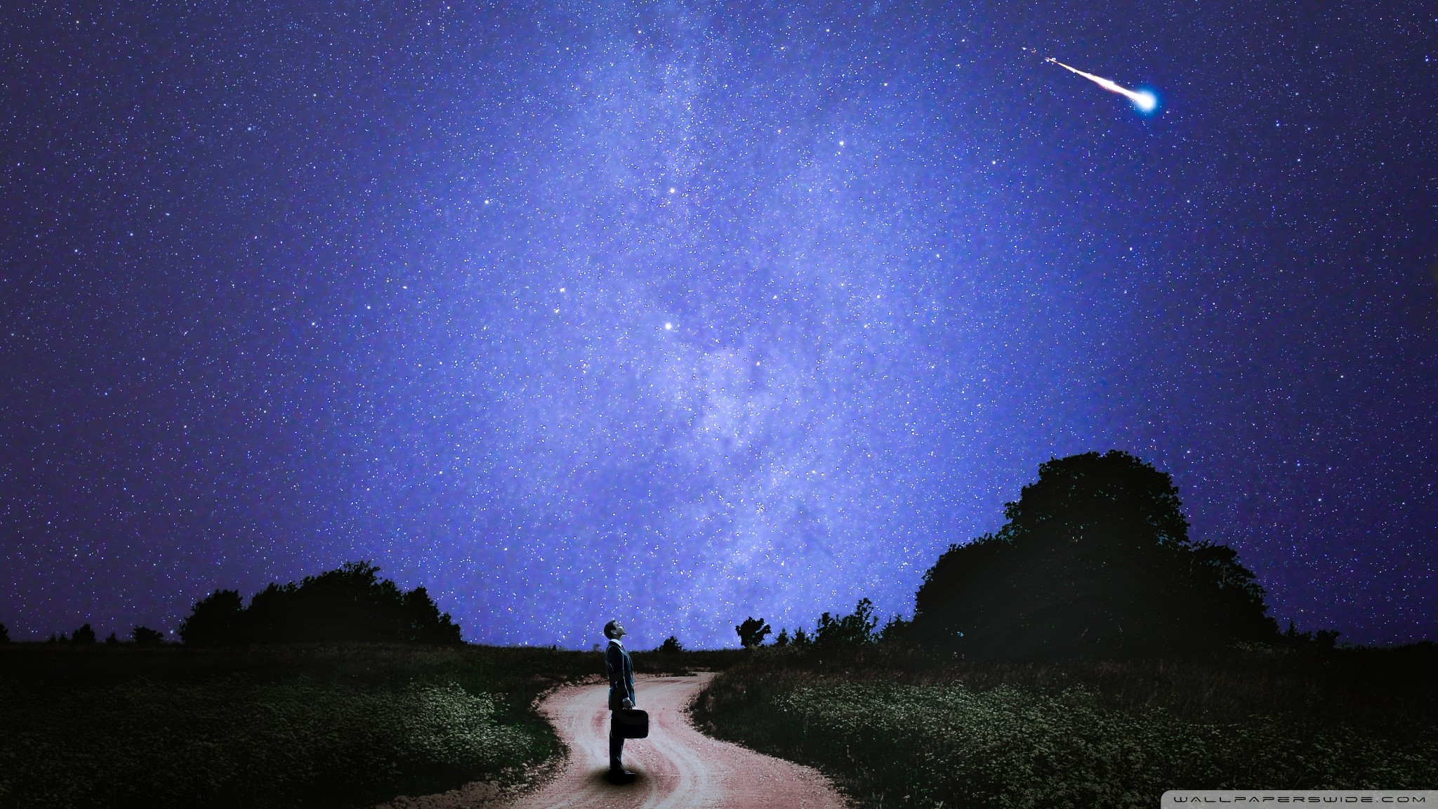 road, night, sky, men, stars, HD Wallpaper