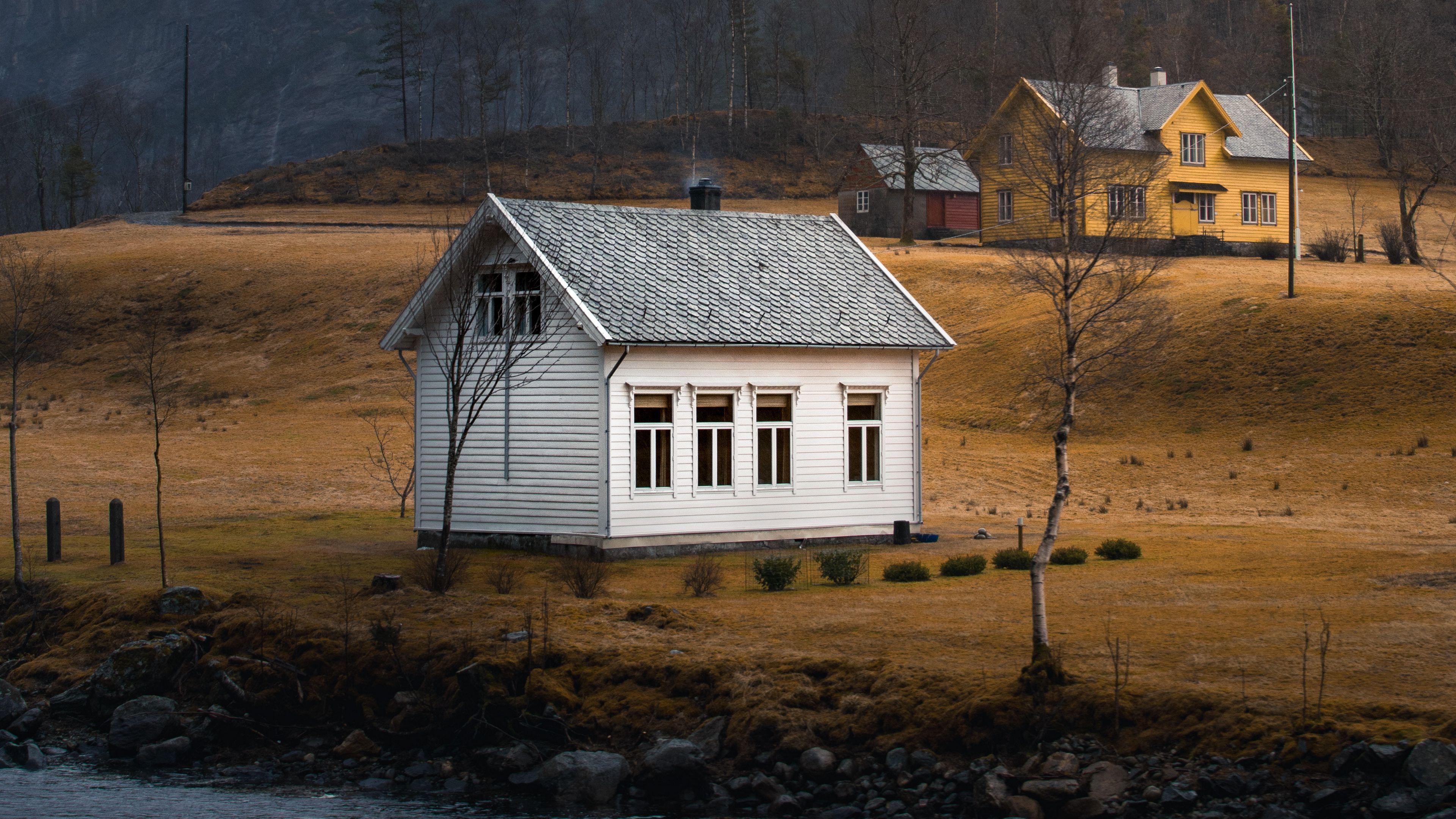 house, mountains, river, trees, landscape, 4k, HD Wallpaper
